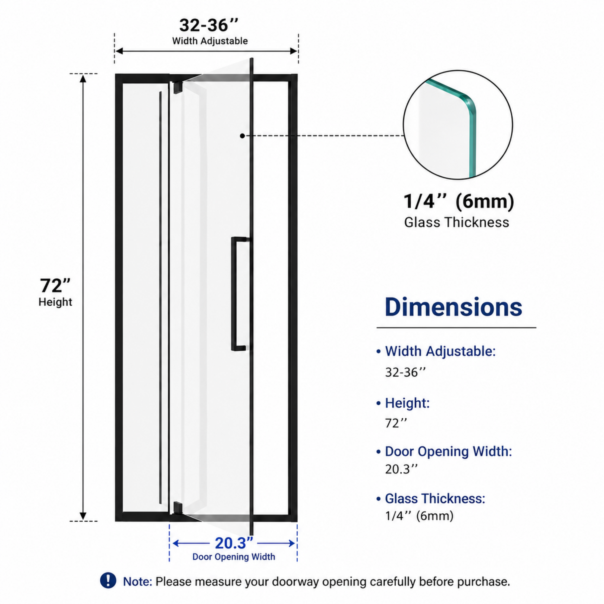 32-60 x 72 in Semi-Frameless Pivot Shower Door - 32-36 x 72 in / Matte Black view 2