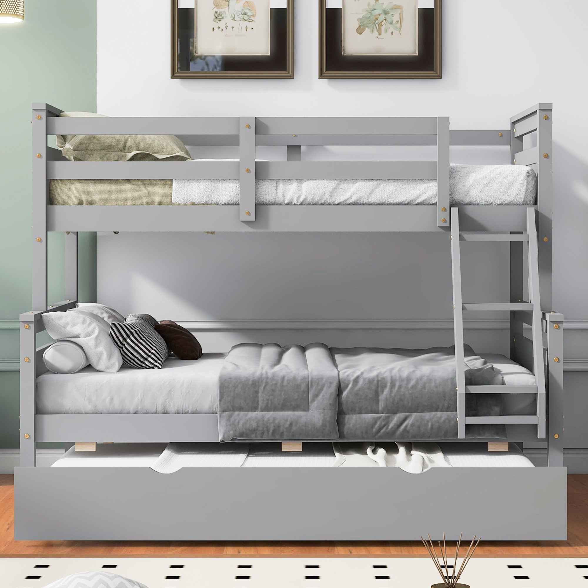 Twin trundle pulled out beneath full bunk bed
