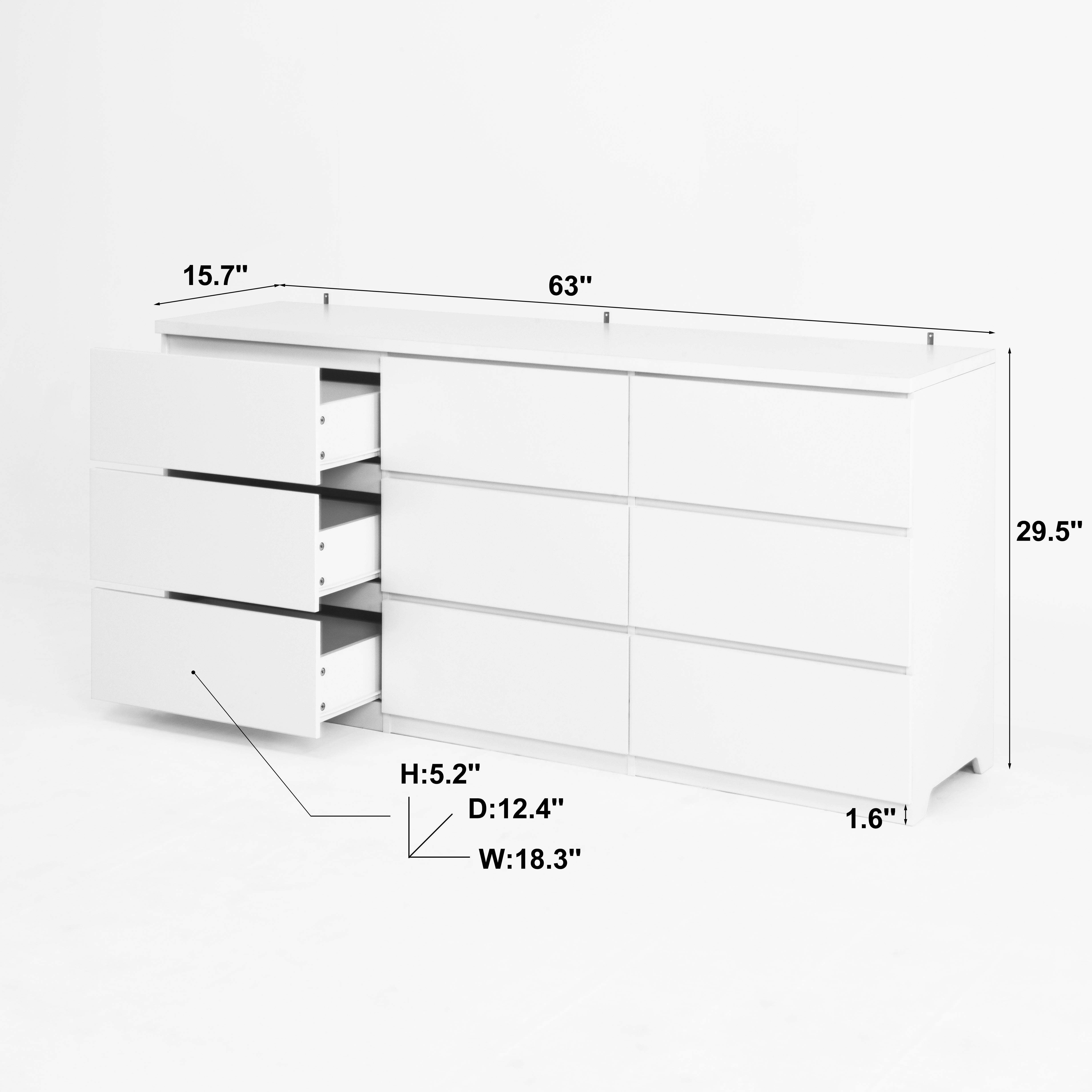 White matte 9-drawer dresser, angled view showing handle-free drawers