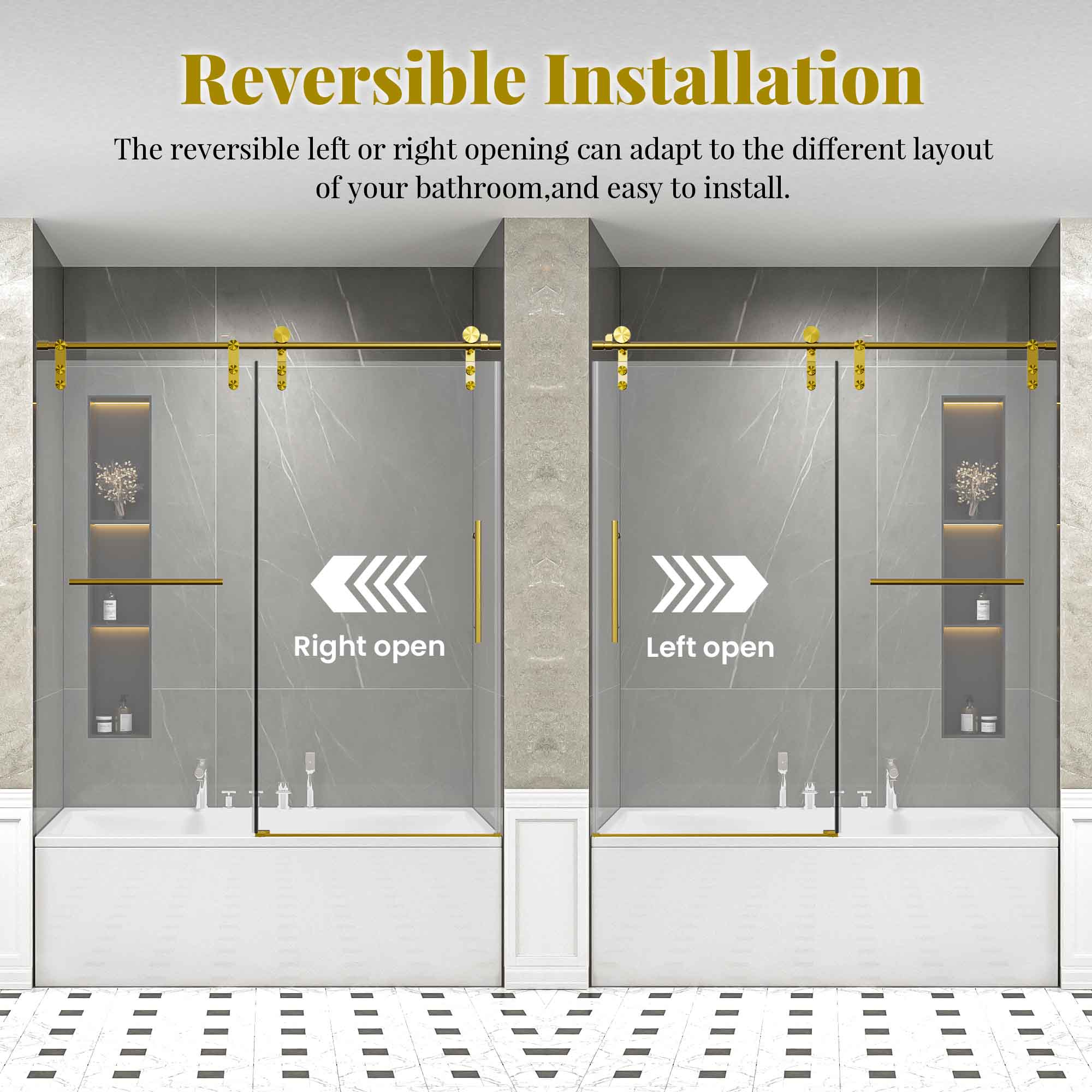 56-60 x 66 in Frameless Single Sliding Shower Door with Towel Rail - 56-60 x 66 in / Brushed Gold / Without Soft-Close view 3