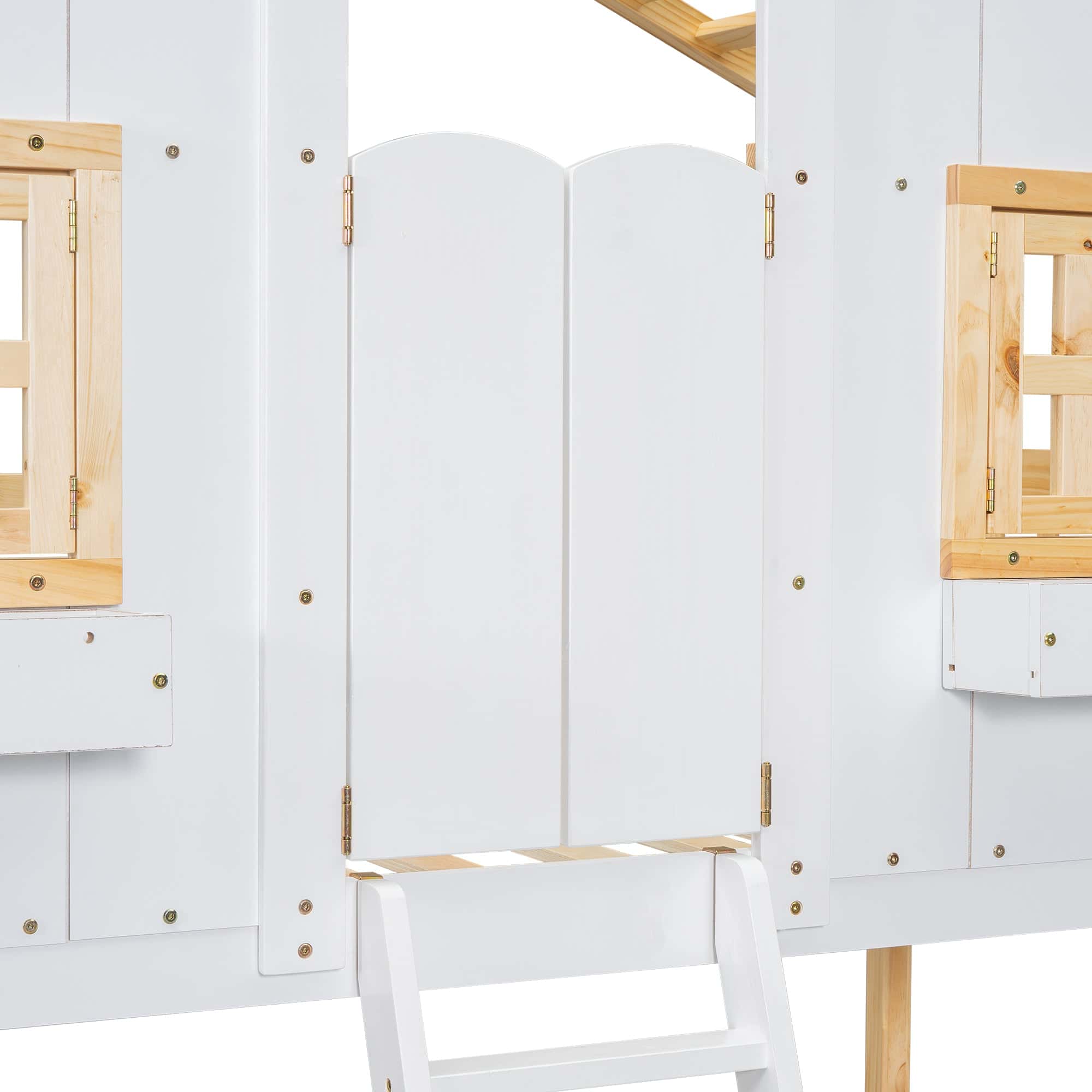 Twin over Twin House Bunk Bed with Roof , Window, Window  Box, Door , with Safety Guardrails and Ladder, Natural/White