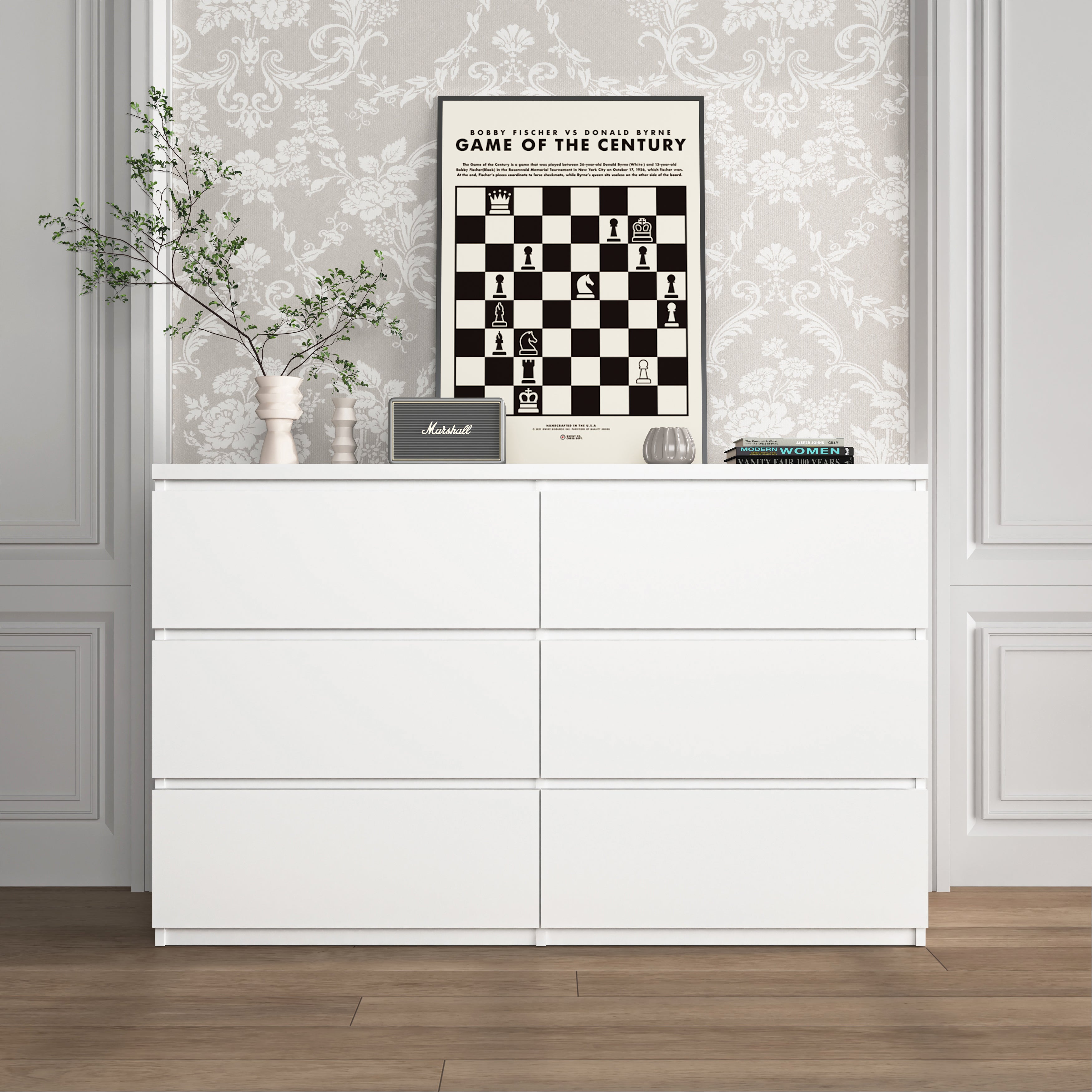 White wood 6-drawer dresser storage chest, front view