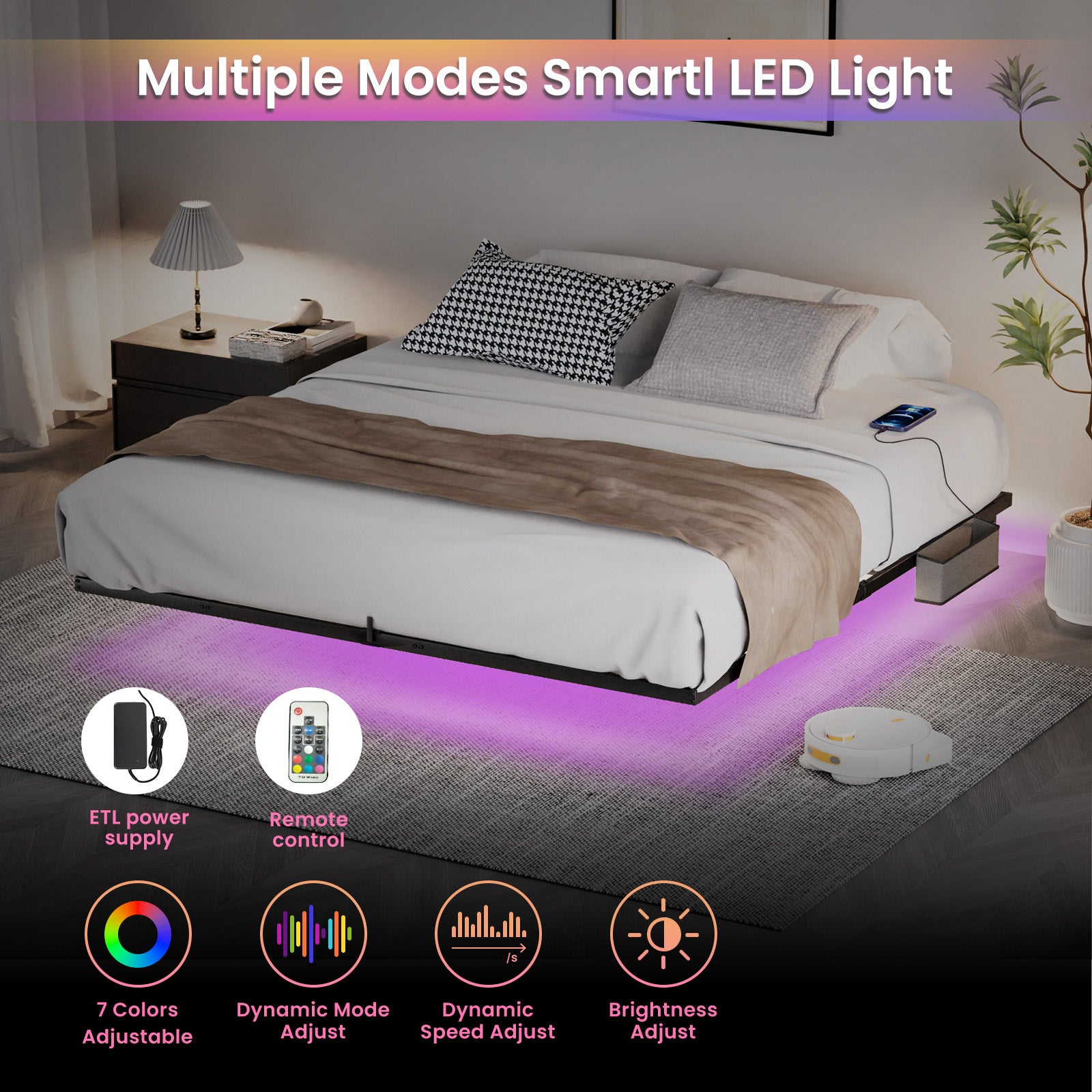 Floating Bed Frame King Size with LED Lights & charging station, Metal Platform Queen Bed, 79.9'' L x 76.2'' W x 7.9'' H.