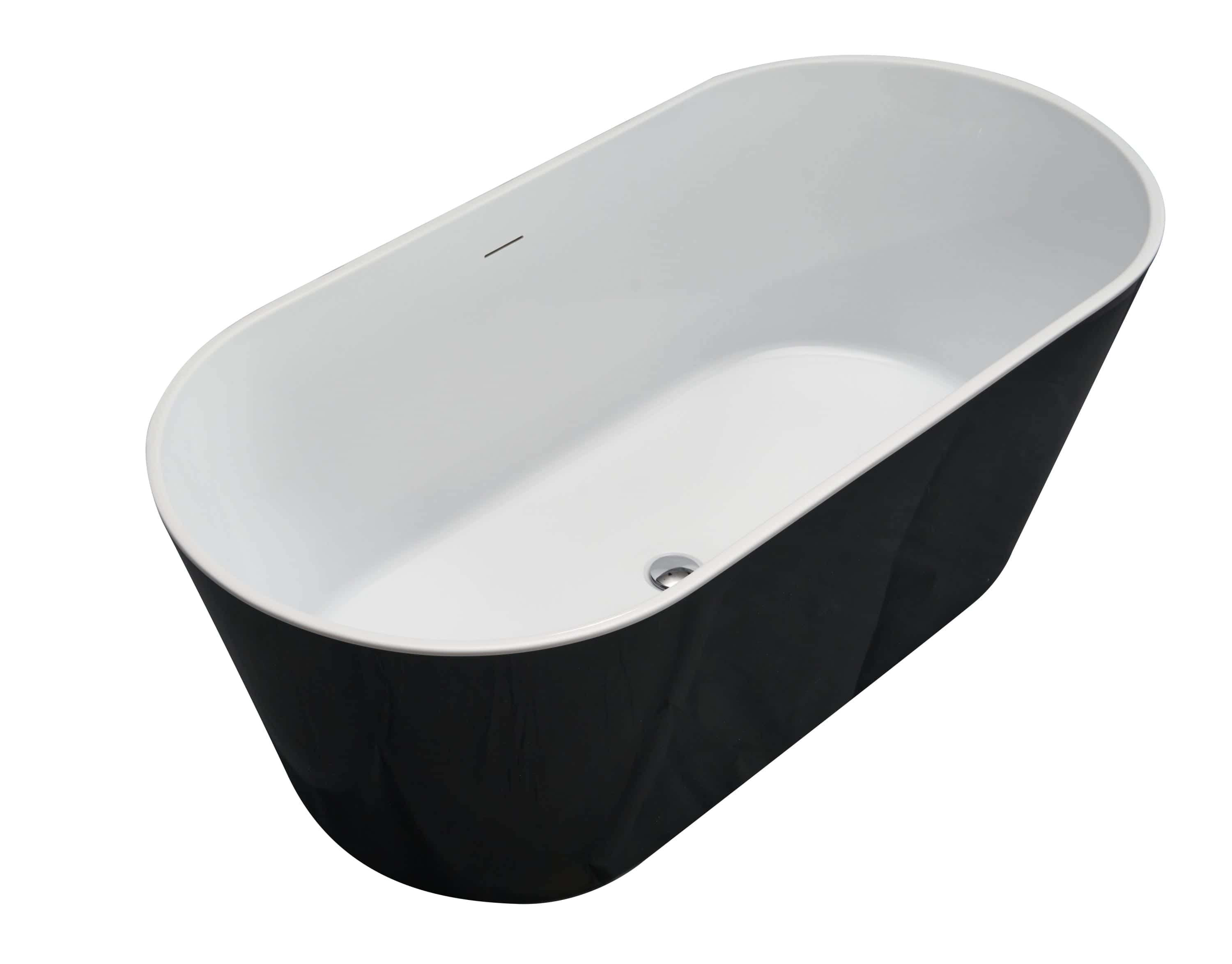 60" Acrylic Flatbottom Alcove Freestanding Soaking Non-Whirlpool Bathtub in Gloss Black with Brass Drain