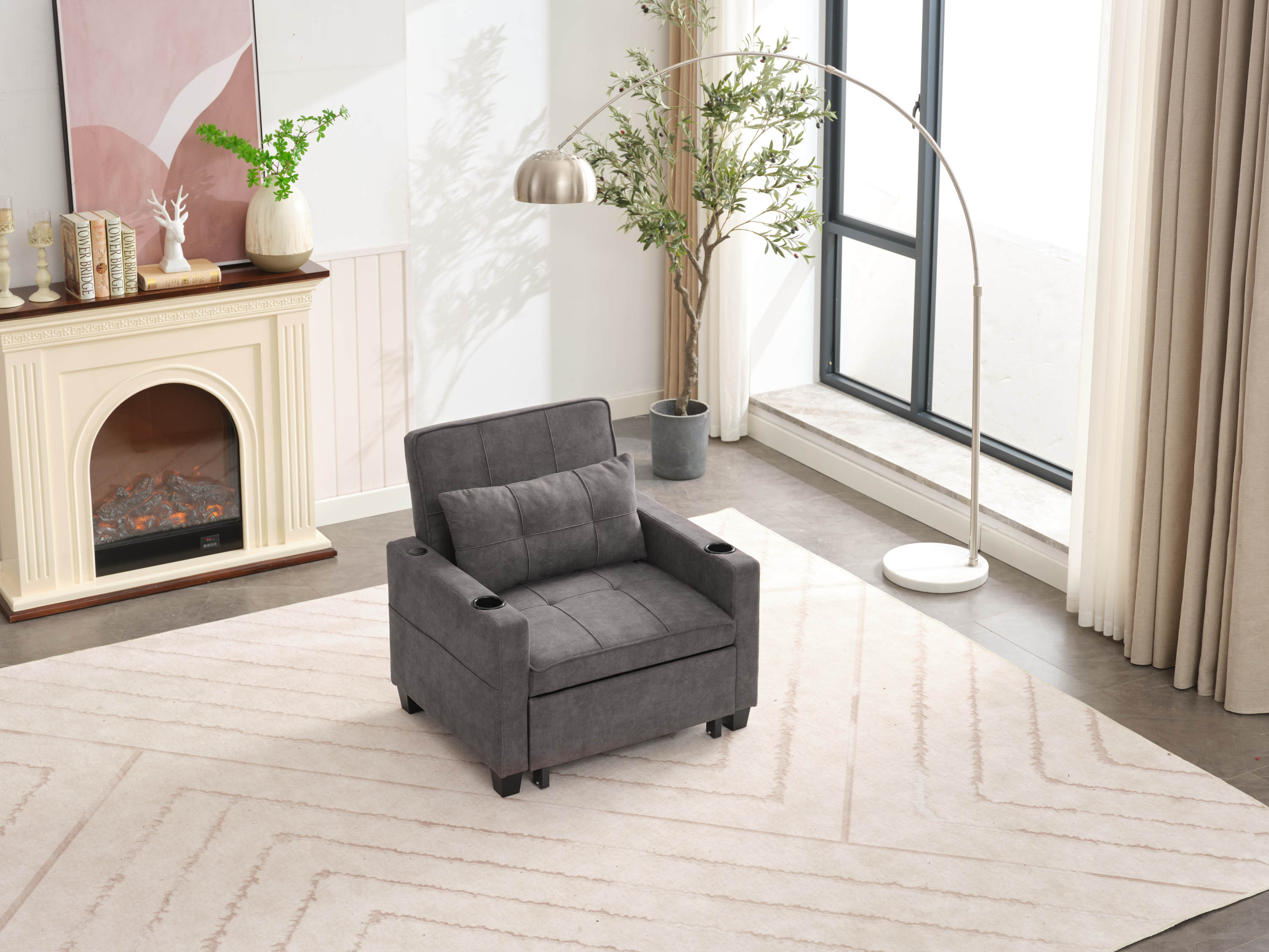 Futon Chair Bed Convertible Chair 3-in-1 Pull Out Sleeper Chair Beds with USB Ports,Wear-resistant and Anti-scratch, Armchair Bed Sleeper for Living Room (Dark Grey Scratch Cloth)