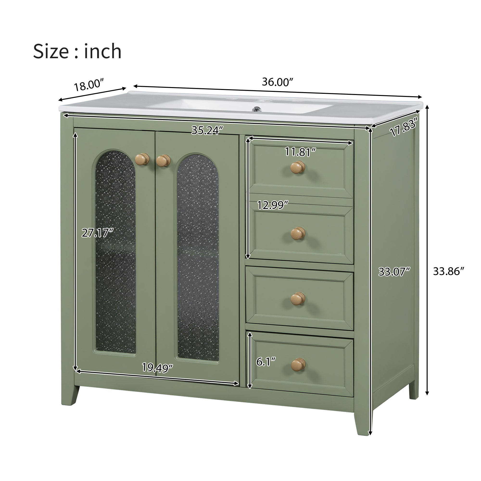 36-inch bathroom vanity with two soft close doors, adjustable shelves and three drawers