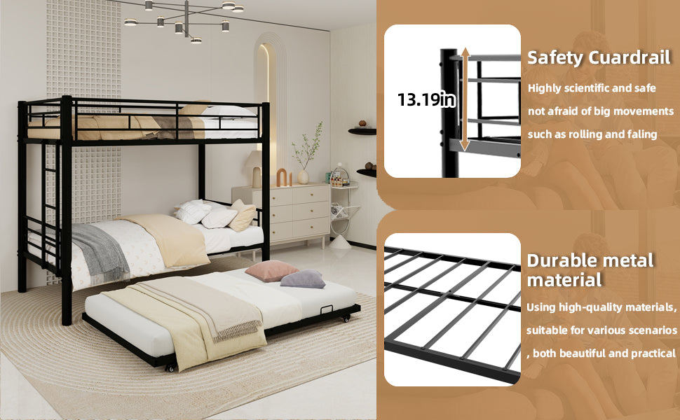Twin metal triple bunk bed, black finish, detail of frame
