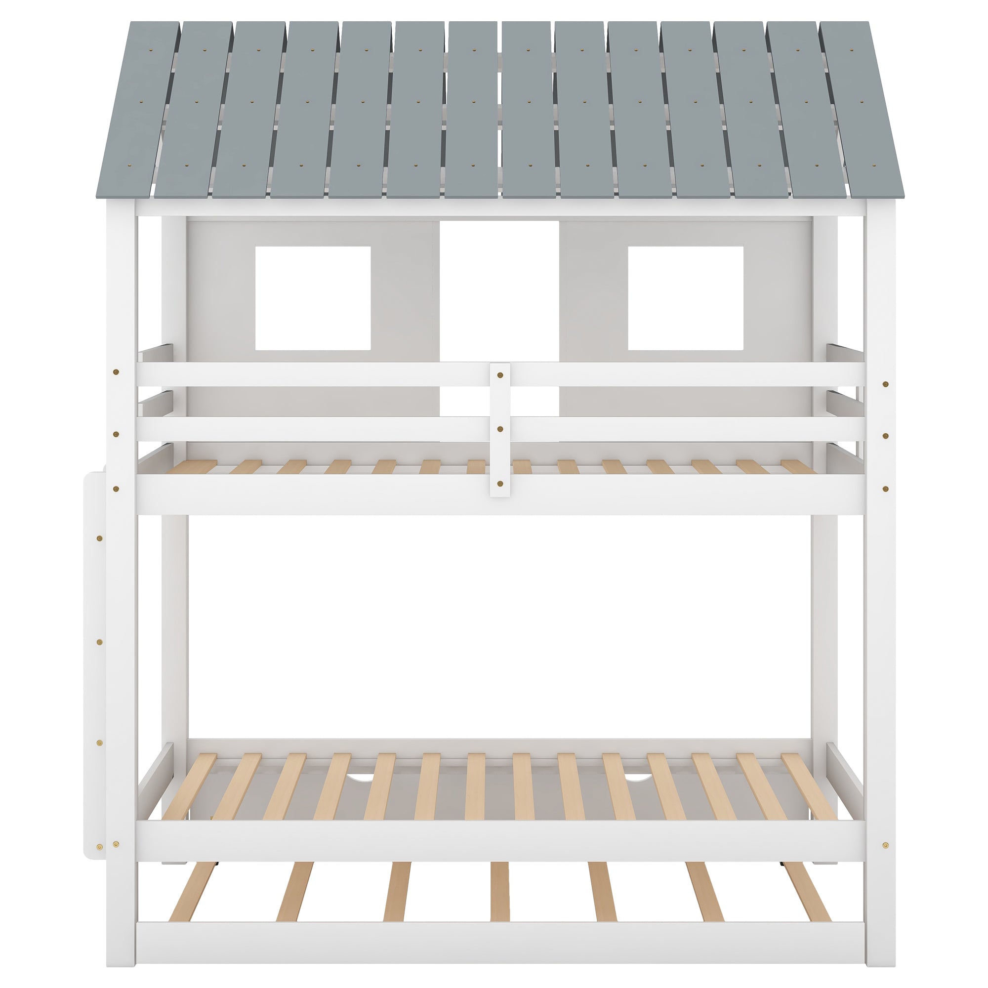 House Bunk Bed with Trundle,Roof and Windows,White(OLD SKU:GX000705AAK)