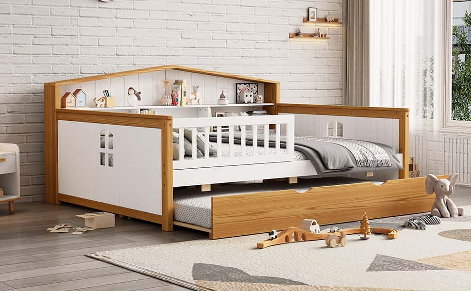 Full Size House Shape Daybed with Trundle and Bookcase Headboard Wooden Bed for Girls Boys Teens, No Box Spring Needed, Walnut and White