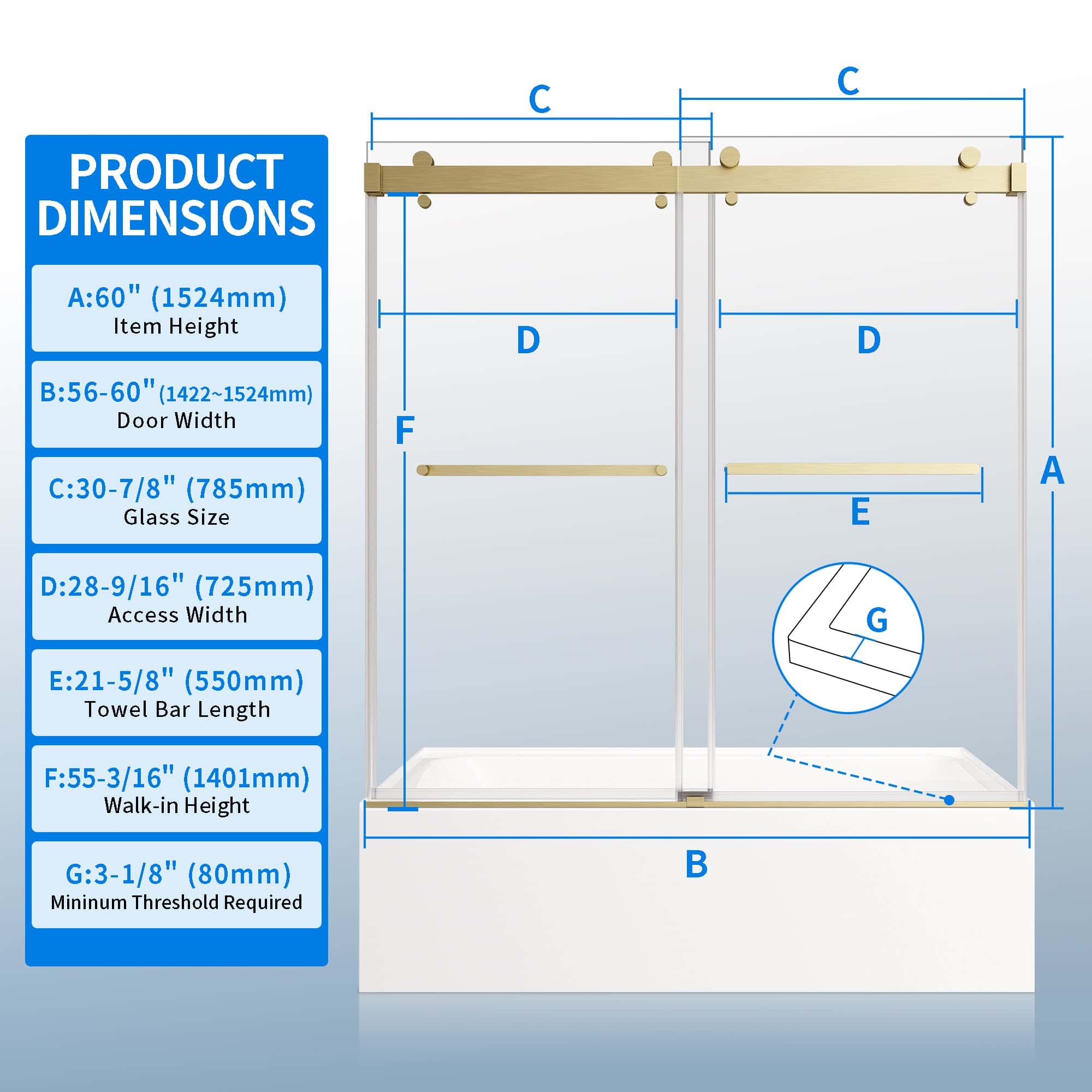 56-60"W × 60"H Double Sliding Frameless Bathtub Door With 3/8 inches (10mm) Clear Tempered Glass, Brushed Gold Finish