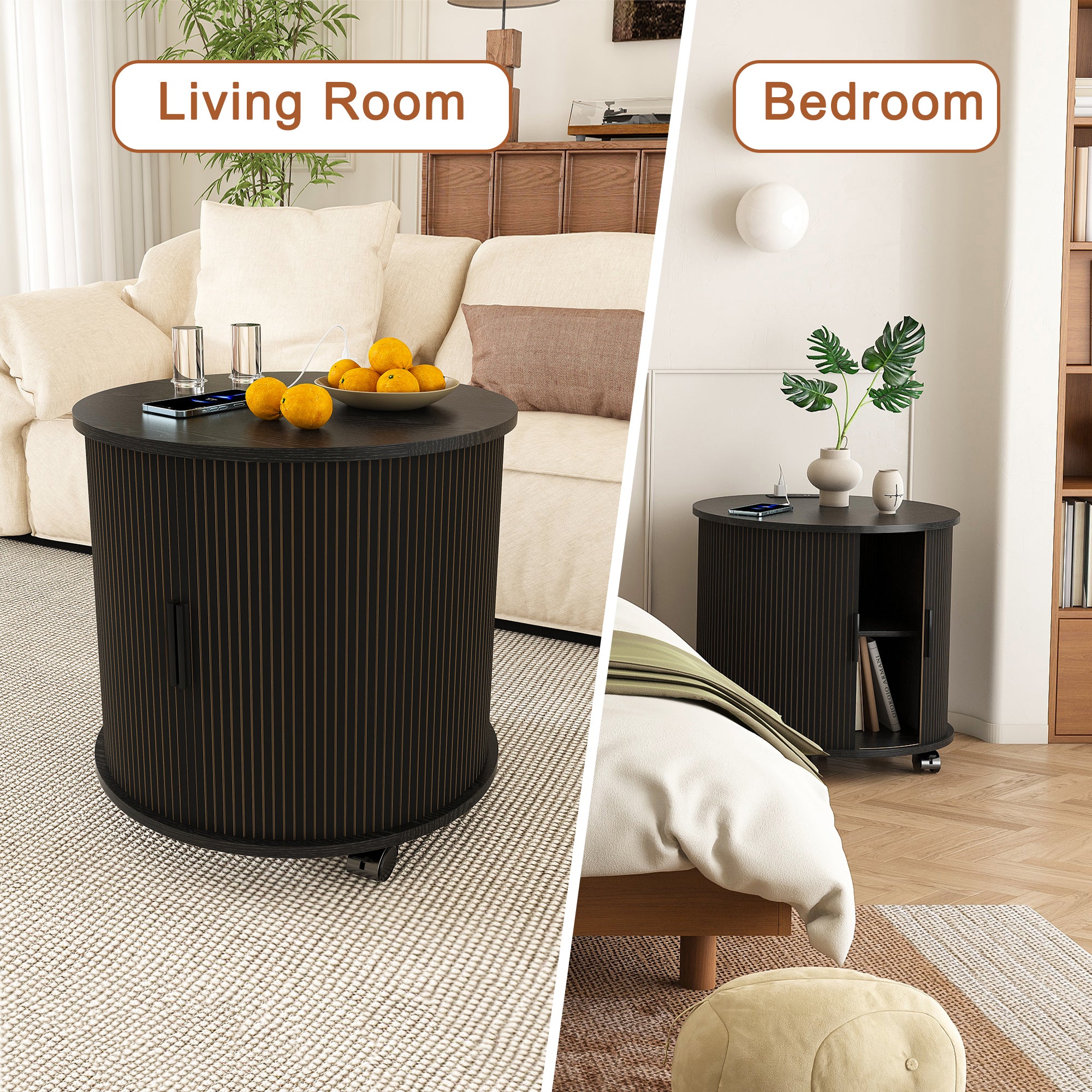 Black cylinder end table 2-tier storage detail view