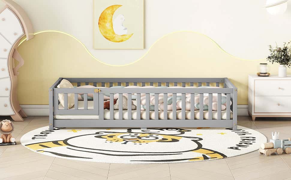 Twin Size Bed Floor Bed with Safety Guardrails and Door for Kids, Gray(Old SKU: W158090685)