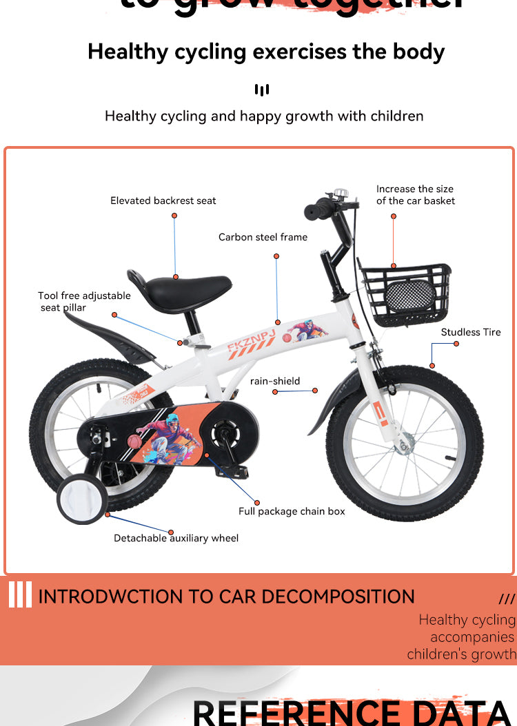FKZNPJ 16 inch sporty kids bike with training wheels and stand Adjustable saddle Suitable for boys and girls aged 4-8 years tall Height 41-53 inches Available in a variety of colors