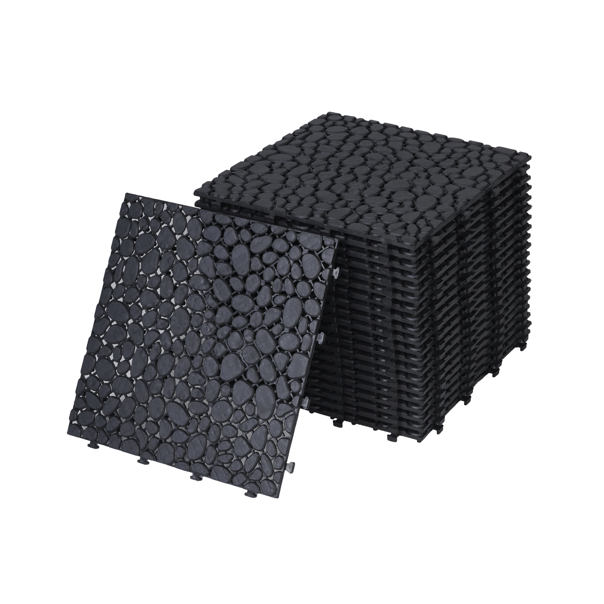 12 x 12 Inch Black Interlocking Deck Tiles Plastic Waterproof Outdoor All Weather Anti-slip Bathroom Shower Balcony Porch Strong Weight Capacity Upto 440 LBS, Pebble Stone Pattern Pack of 24