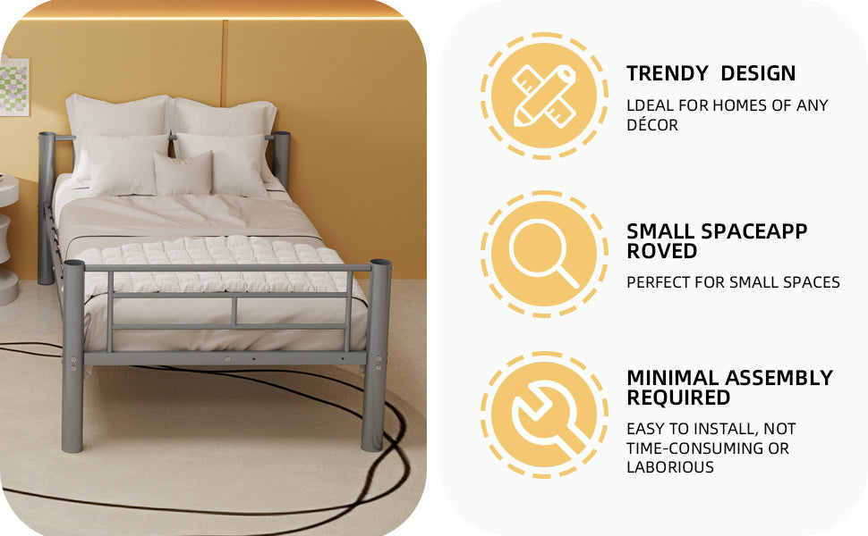 Silver twin metal bunk bed separated into two individual beds