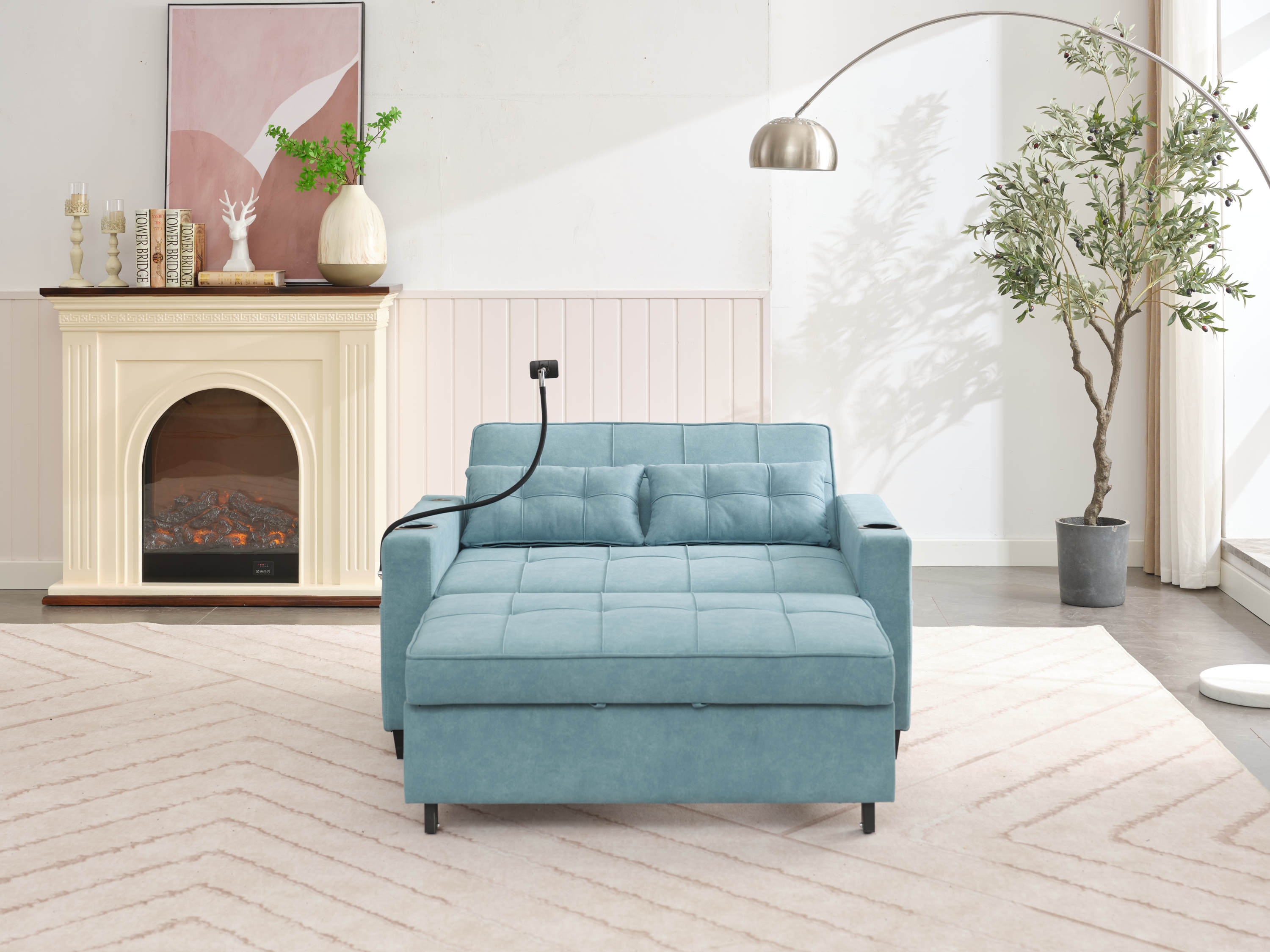 Futon Chair Bed Convertible Chair 3-in-1 Pull Out Sleeper Chair Beds with USB Ports,Wear-resistant and Anti-scratch, Armchair Bed Sleeper for Living Room (Green Tech cloth)