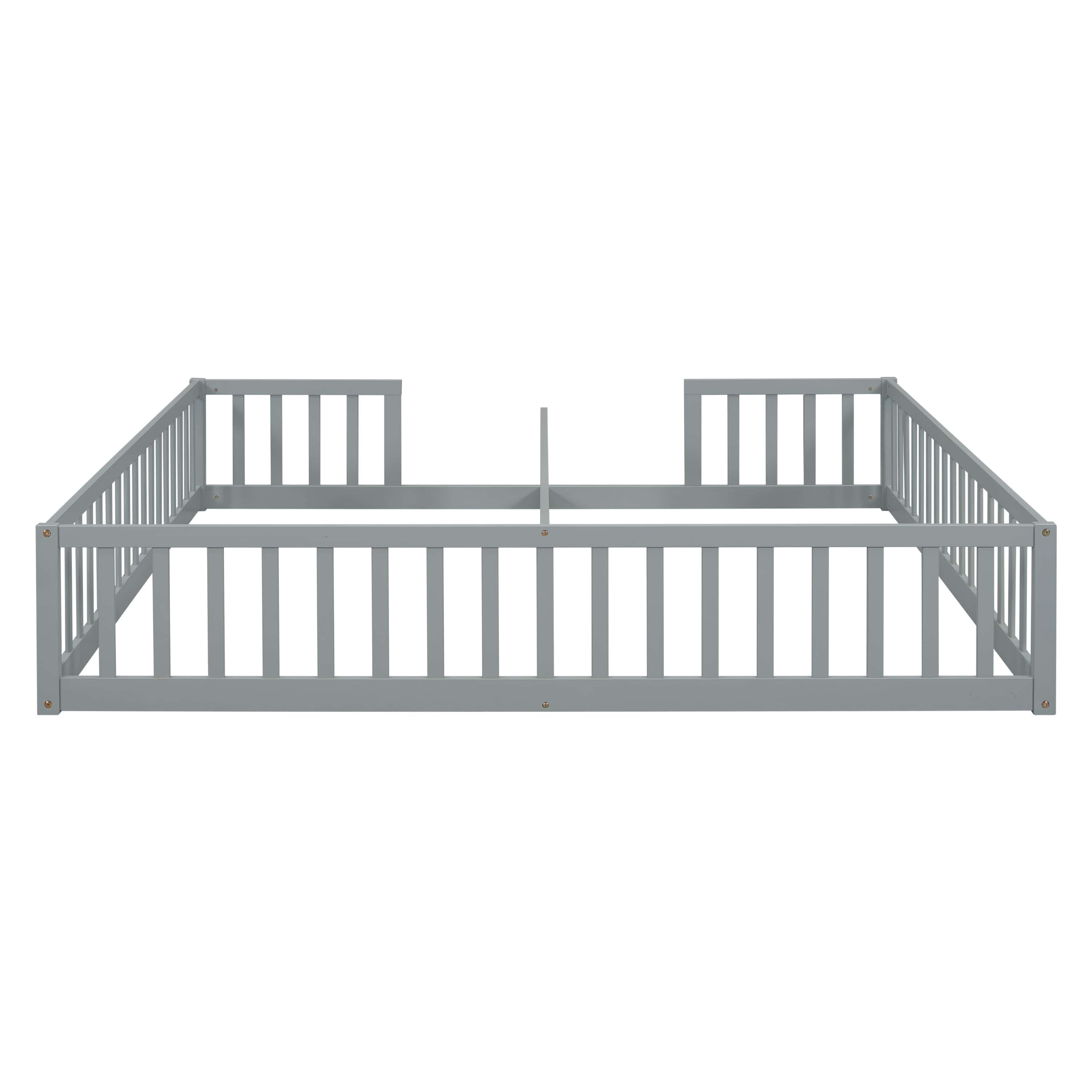 Double Twin Floor Bed with Fence, Guardrails, without door, Grey
