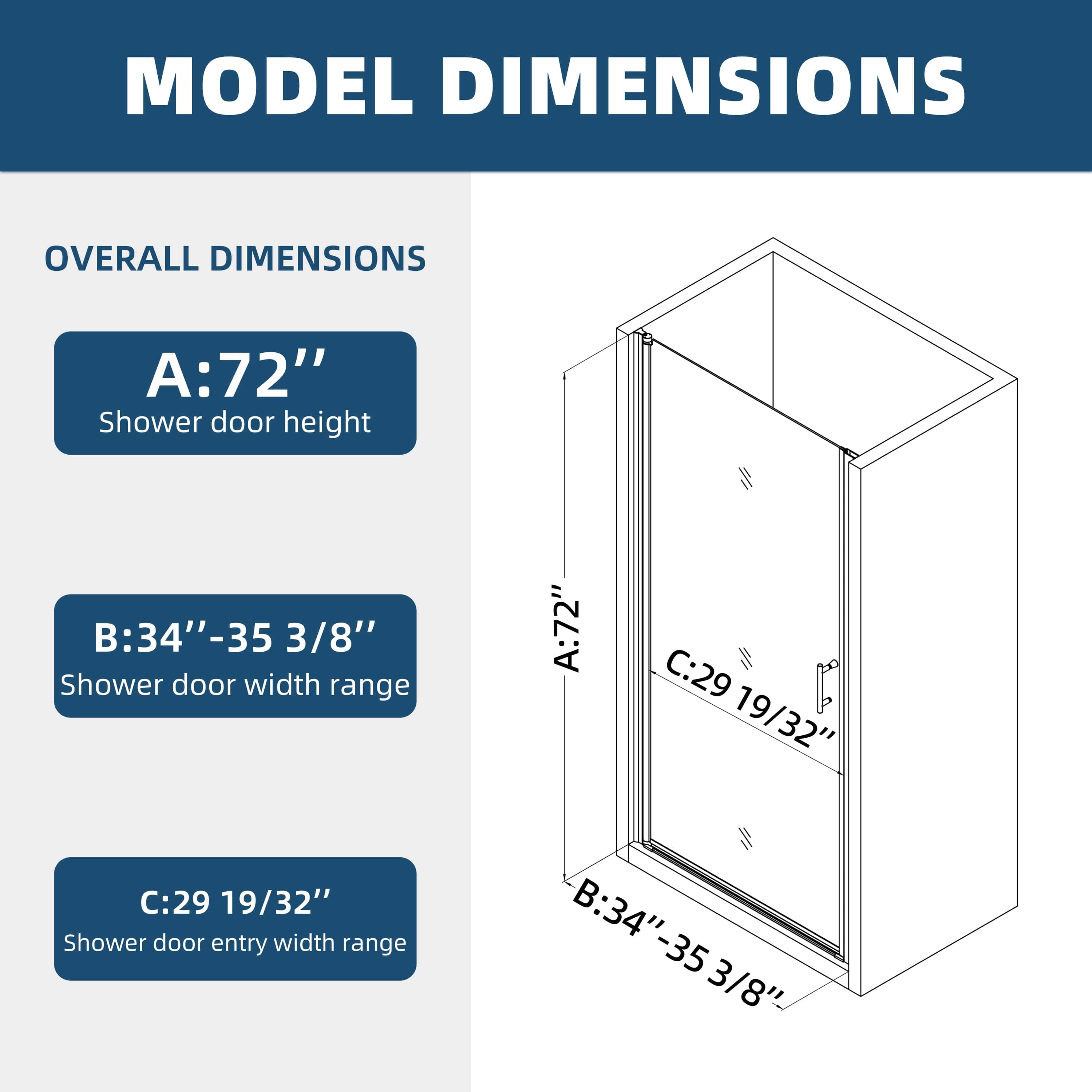 (34"W x 72"H)1 3/8") Universal pivot shower door, open outside, with 1/4" tempered glass