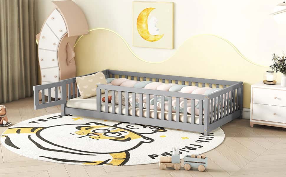 Twin Size Bed Floor Bed with Safety Guardrails and Door for Kids, Gray(Old SKU: W158090685)
