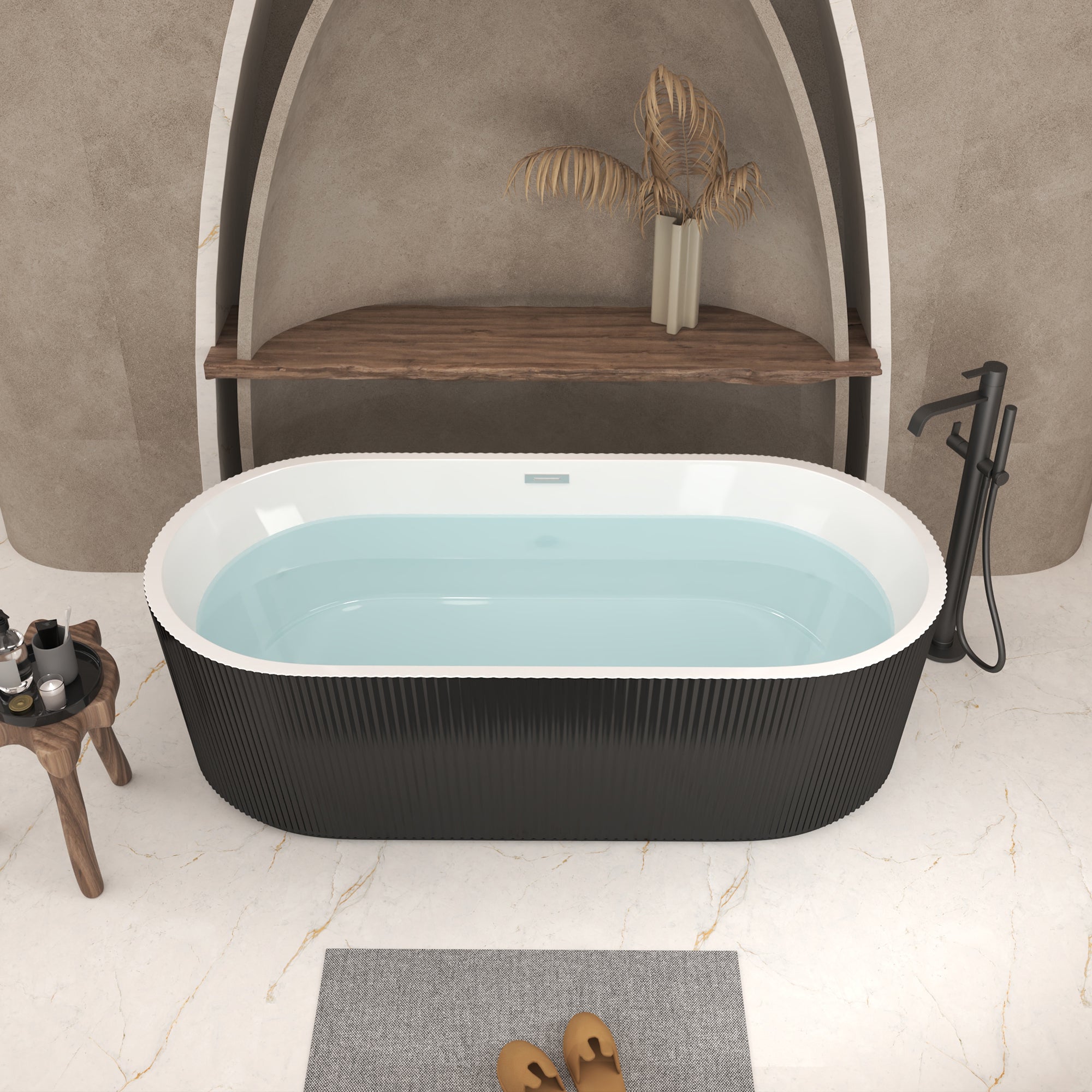 59 inch freestanding acrylic soaker tub in glossy black, full side view