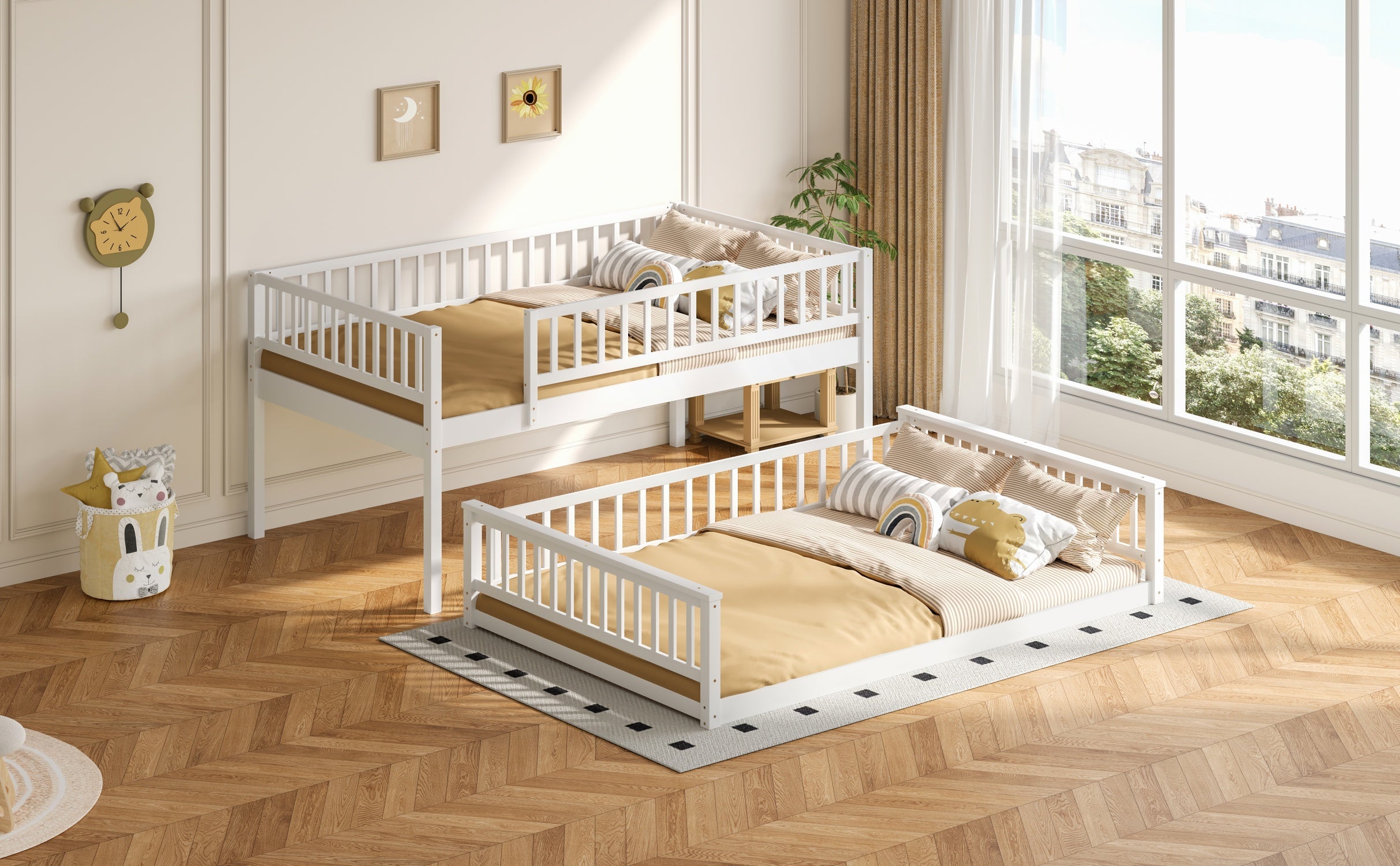 White bunk bed Queen lower bunk view in bedroom setting