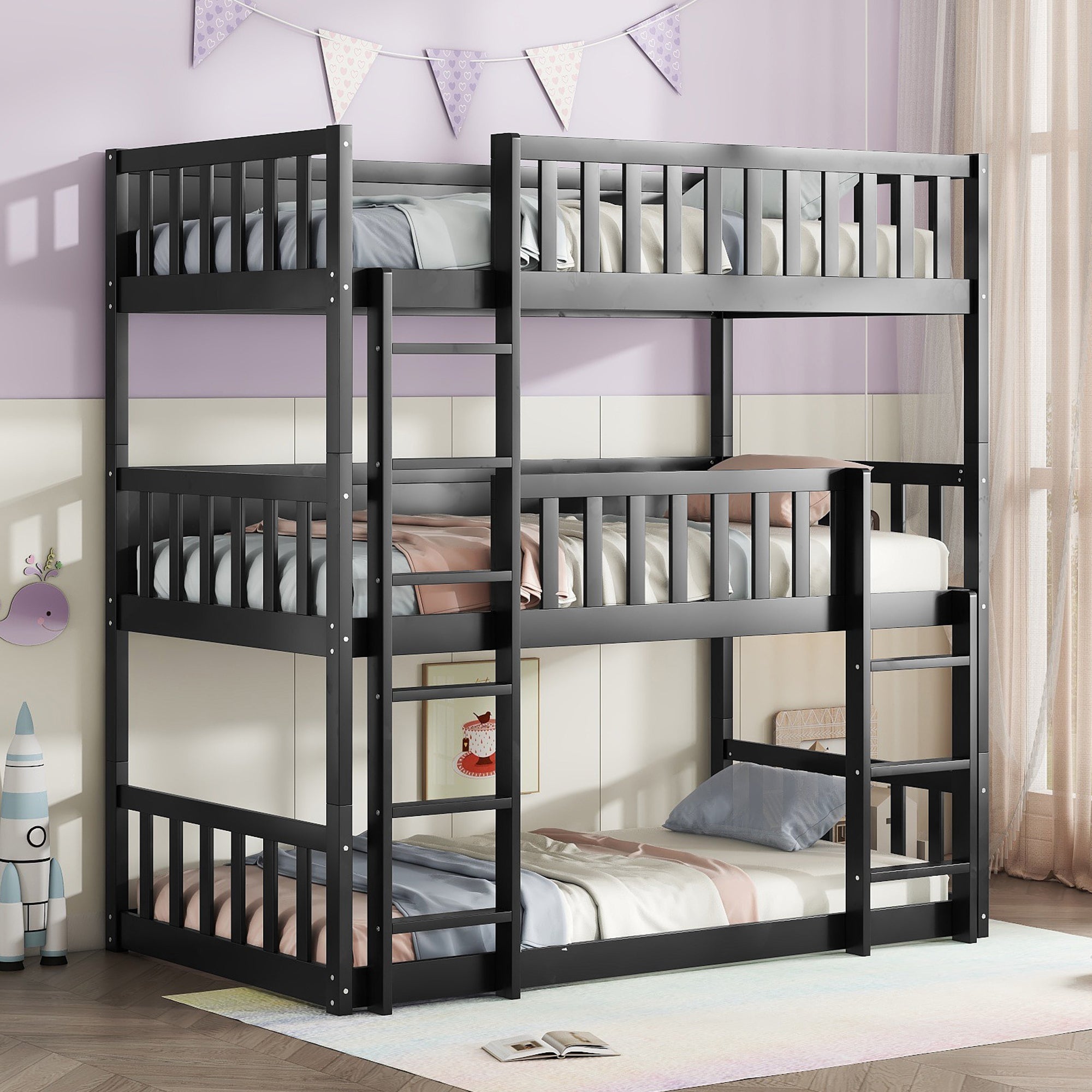 Twin triple bunk bed, black, upper berth guardrail close-up