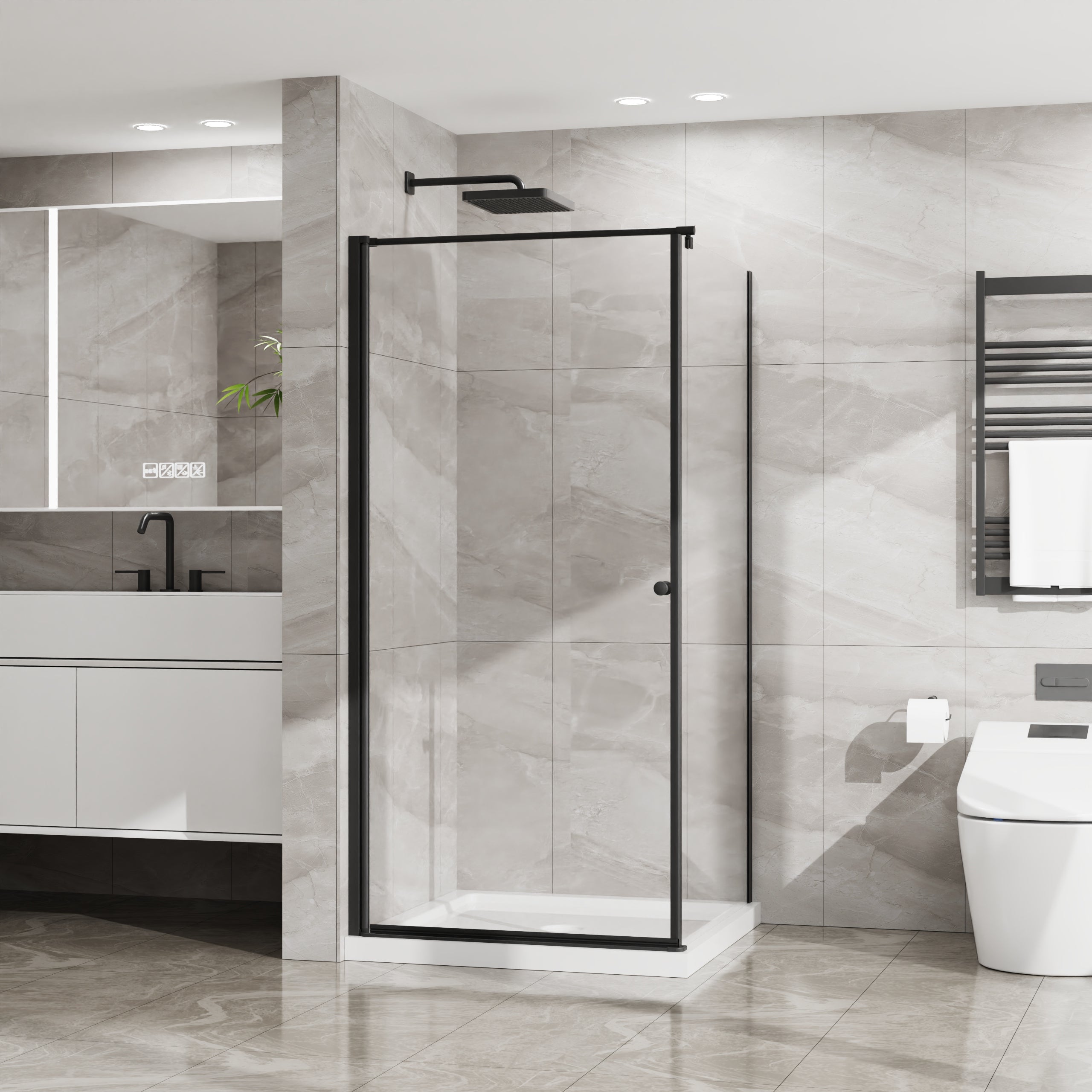 Frameless corner shower enclosure 36 in. white base side view