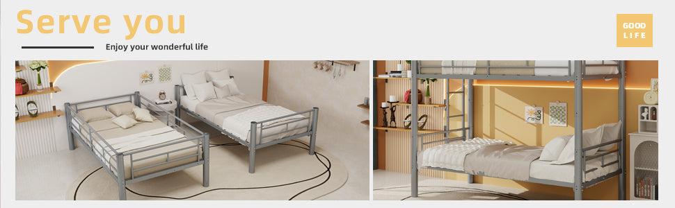 Silver twin metal bunk bed frame, iron construction close-up view