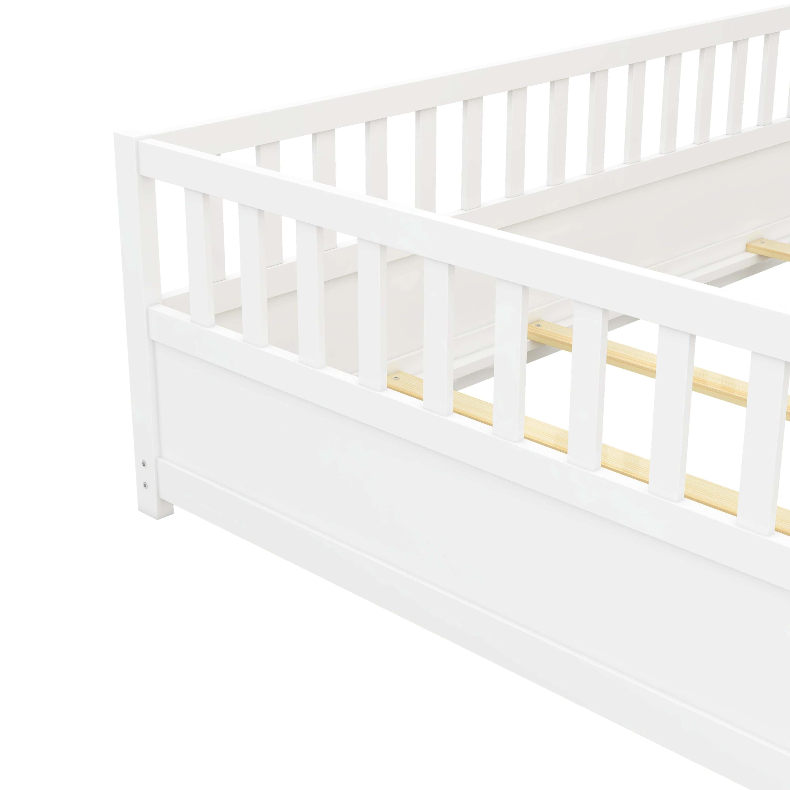 Full size Floor bed, integral construction with super high security barrier, door, children's floor bed frame, Montessori wooden children's floor bed, Support slat white