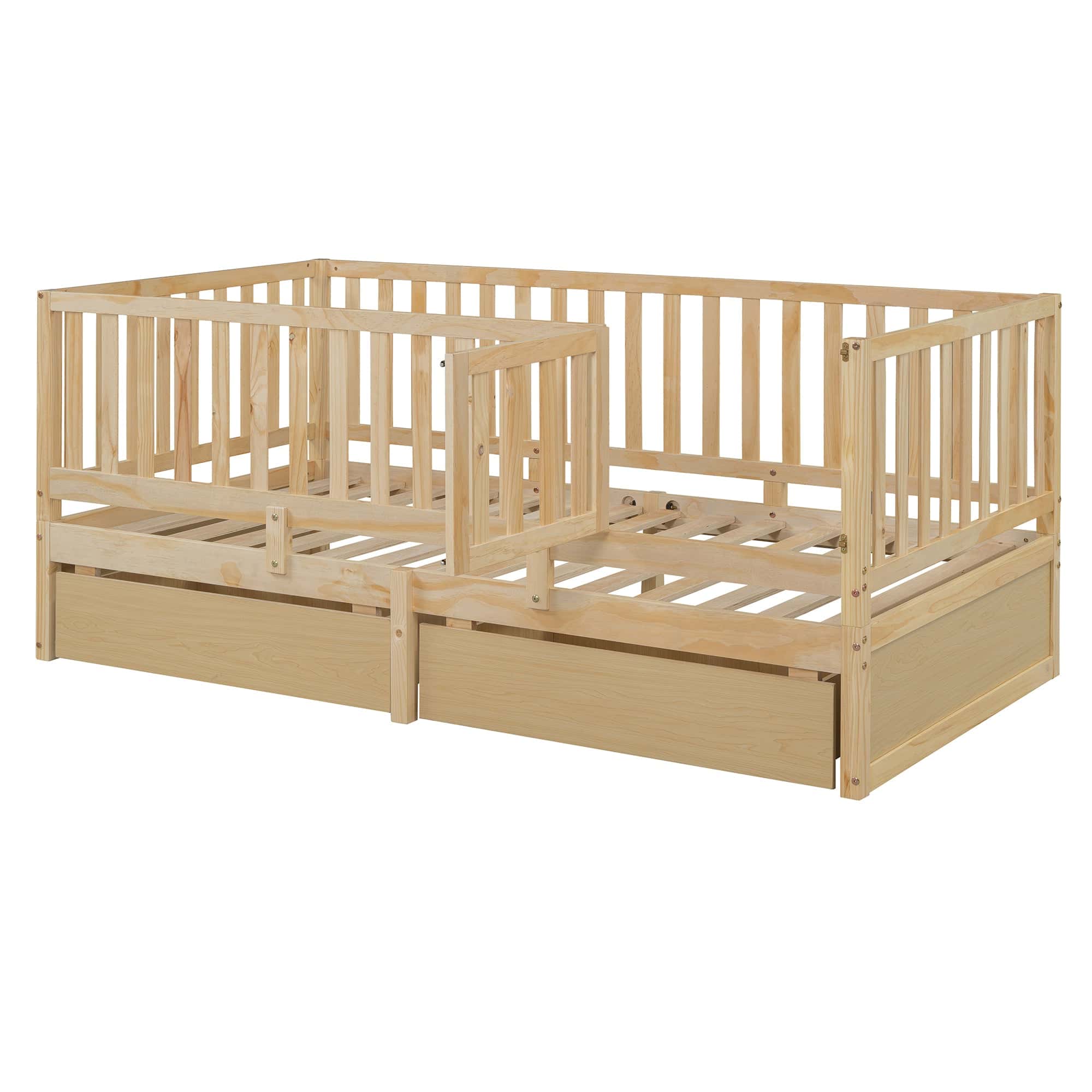 Twin Size Wood Daybed with Fence Guardrails and 2 Drawers, Split into Independent Floor Bed & Daybed, Natural(OLD SKU :LP000881AAN)