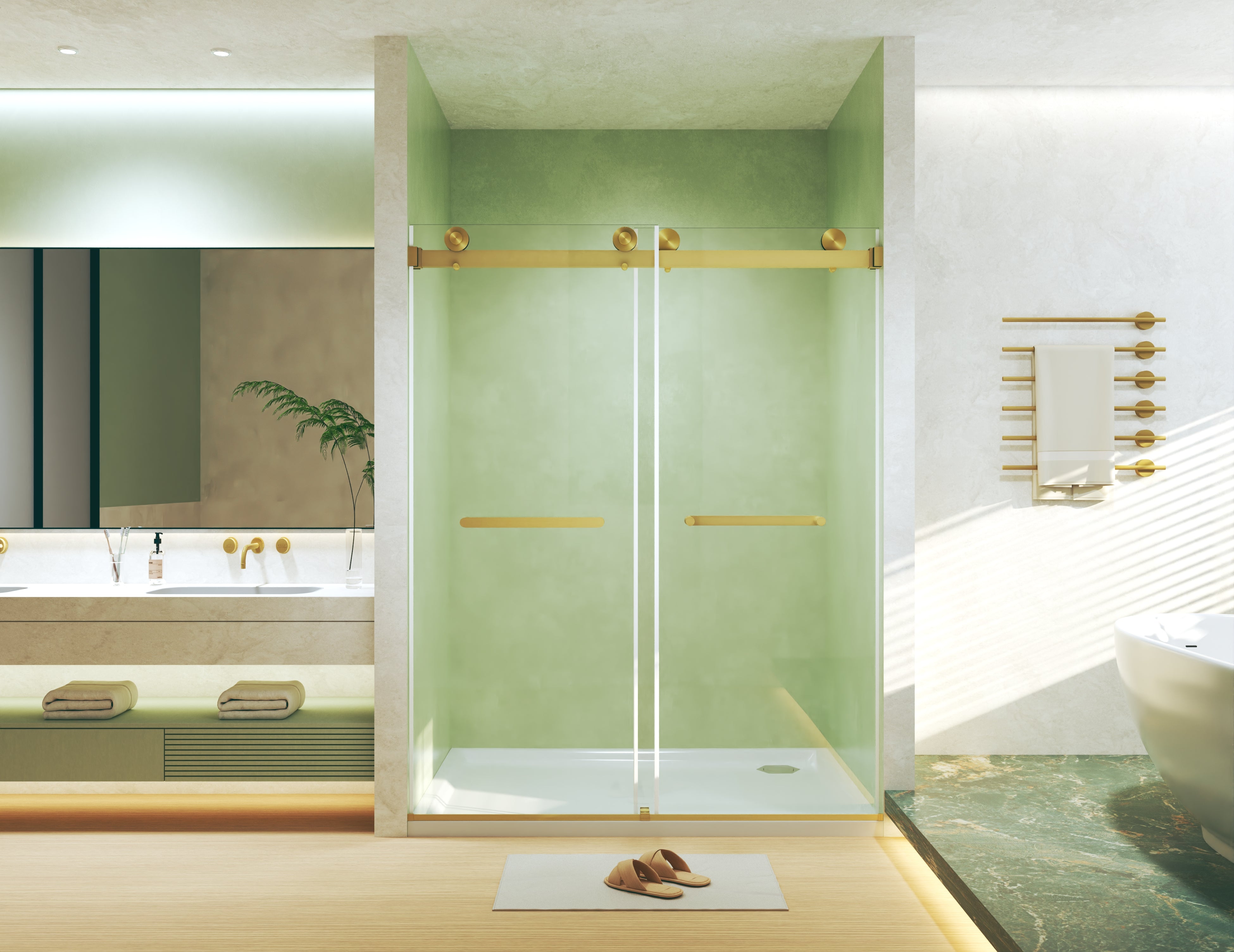 56-60 x 74 in Frameless Double Sliding Square-Tube Shower Door - 56-60 x 74 in / Brushed Gold / Square Tube view 10