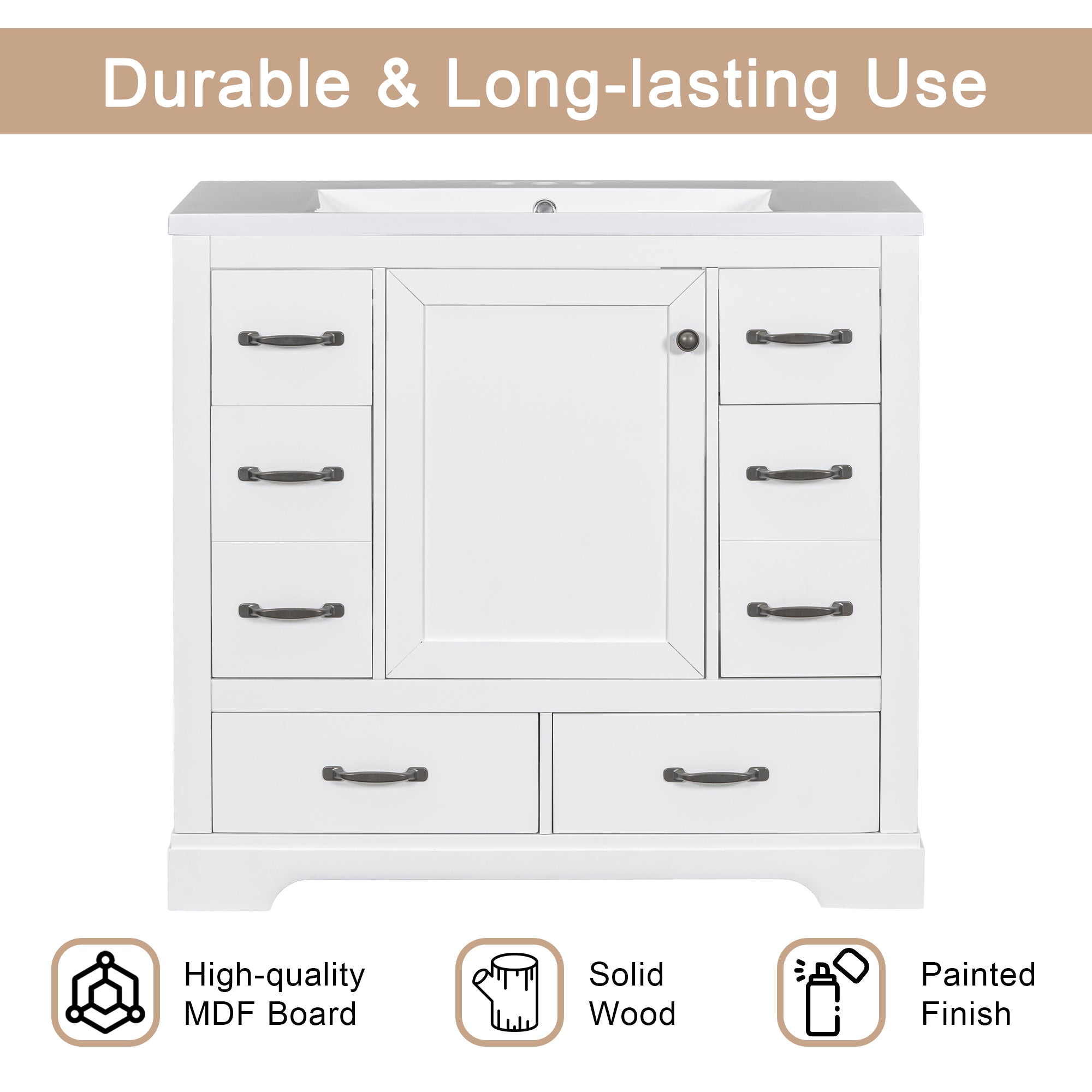 36" Bathroom Vanity with Sink Combo, Six Drawers, Multi-Functional Drawer Divider, Adjustable Shelf, White