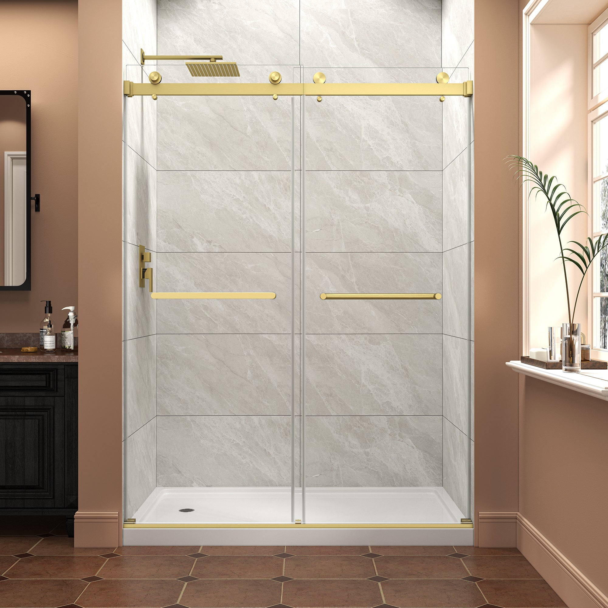 55-60 x 76 in reversible bypass shower door in brushed gold
