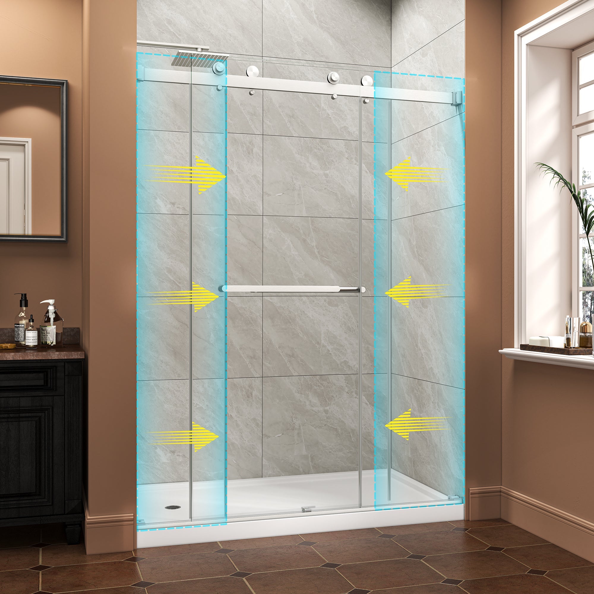 55-60 x 76 in reversible bypass shower door brushed finish detail