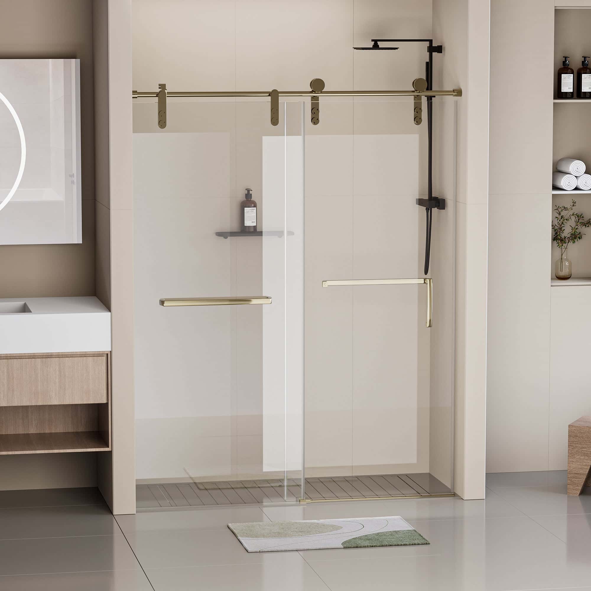 56-60"W x 76"H Frameless Shower Door, Single Sliding Shower Door, 5/16" (8mm) Clear Tempered Glass Shower Door with Explosion-Proof Film, Stainless Steel Hardware, Gold 24D210-60G-COMBO
