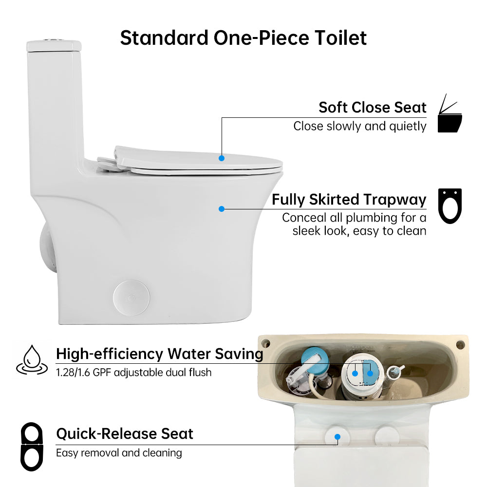 1.1/1.6 GPF Elongated Comfort Height Floor Mounted One-Piece Toilet, CUPC Certified, WaterSense Cetified, Ceramic, White Color, Soft Close Seat T039WT