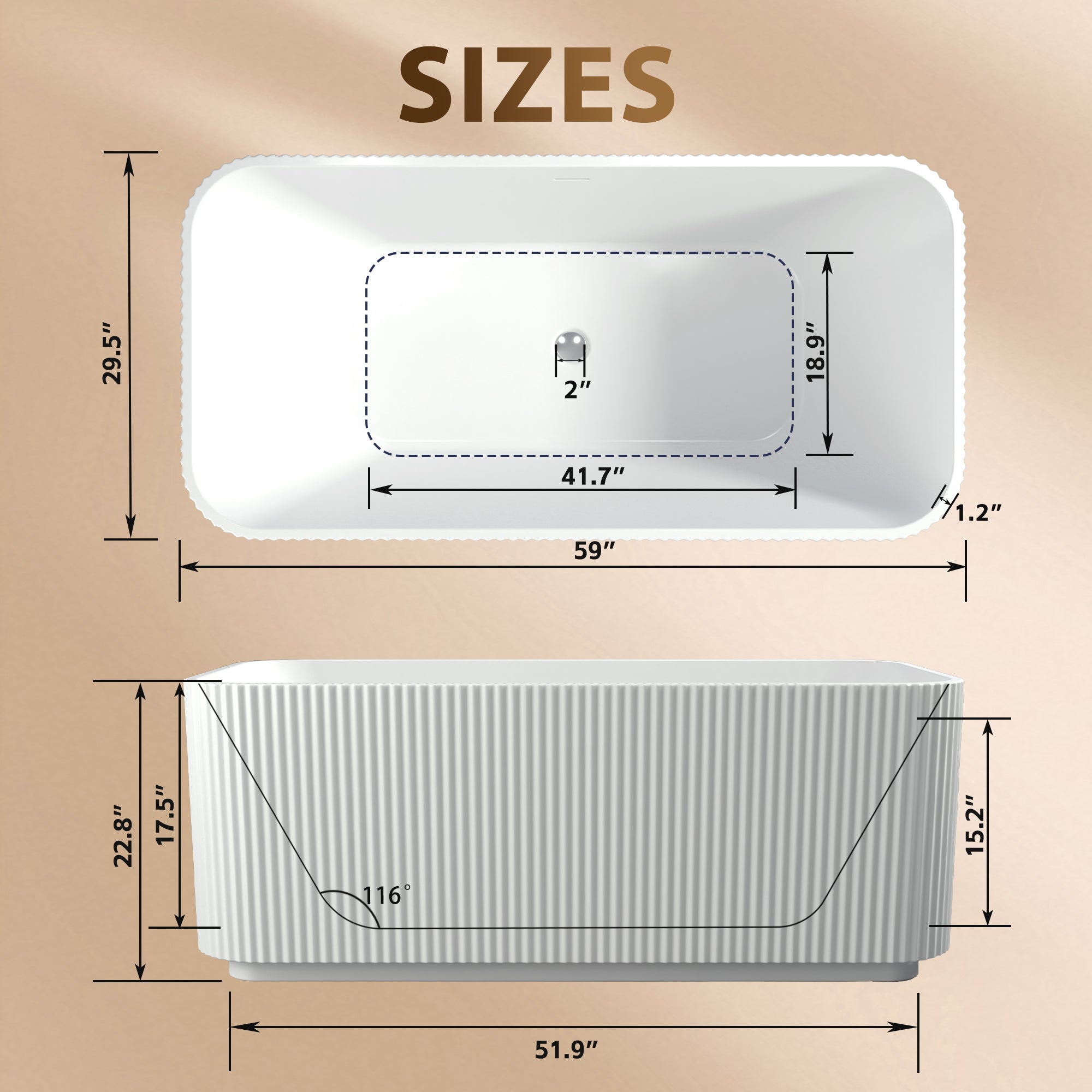 Glossy white freestanding soaker tub, pop-up chrome drain detail