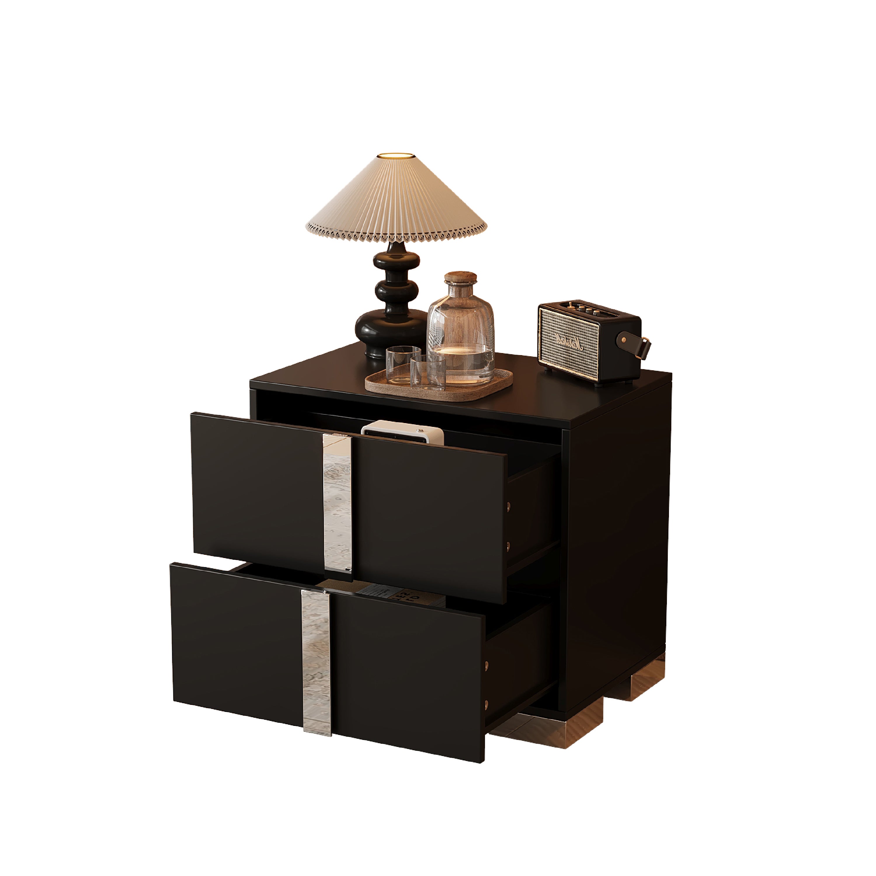 Black mirrored nightstand drawer detail with metal foot