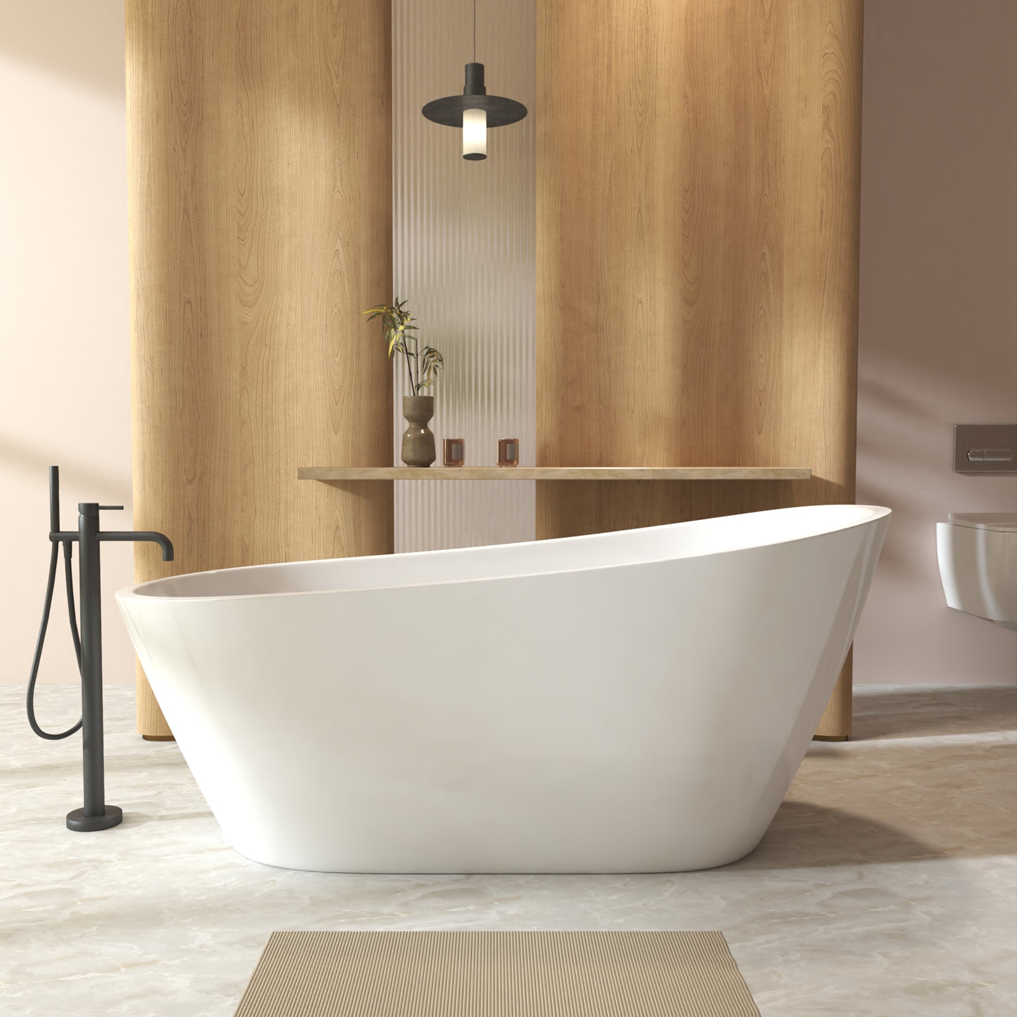 Gloss white freestanding slipper bathtub, angled front view