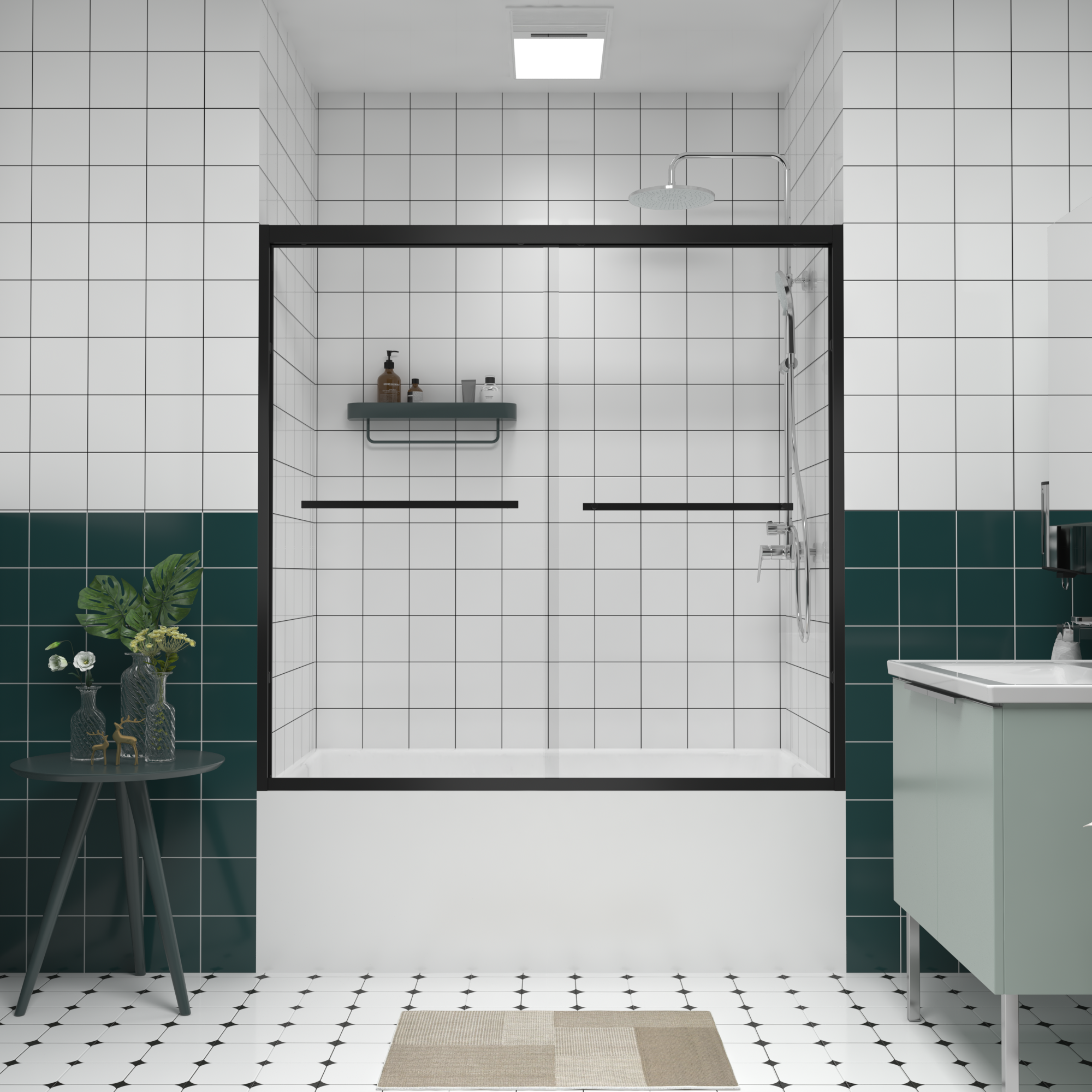 56-60 x 58 in matte black sliding bathtub door with clear glass