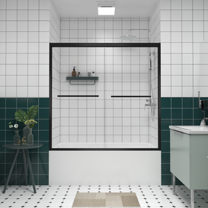 56-60 x 58 in matte black sliding bathtub door with clear glass