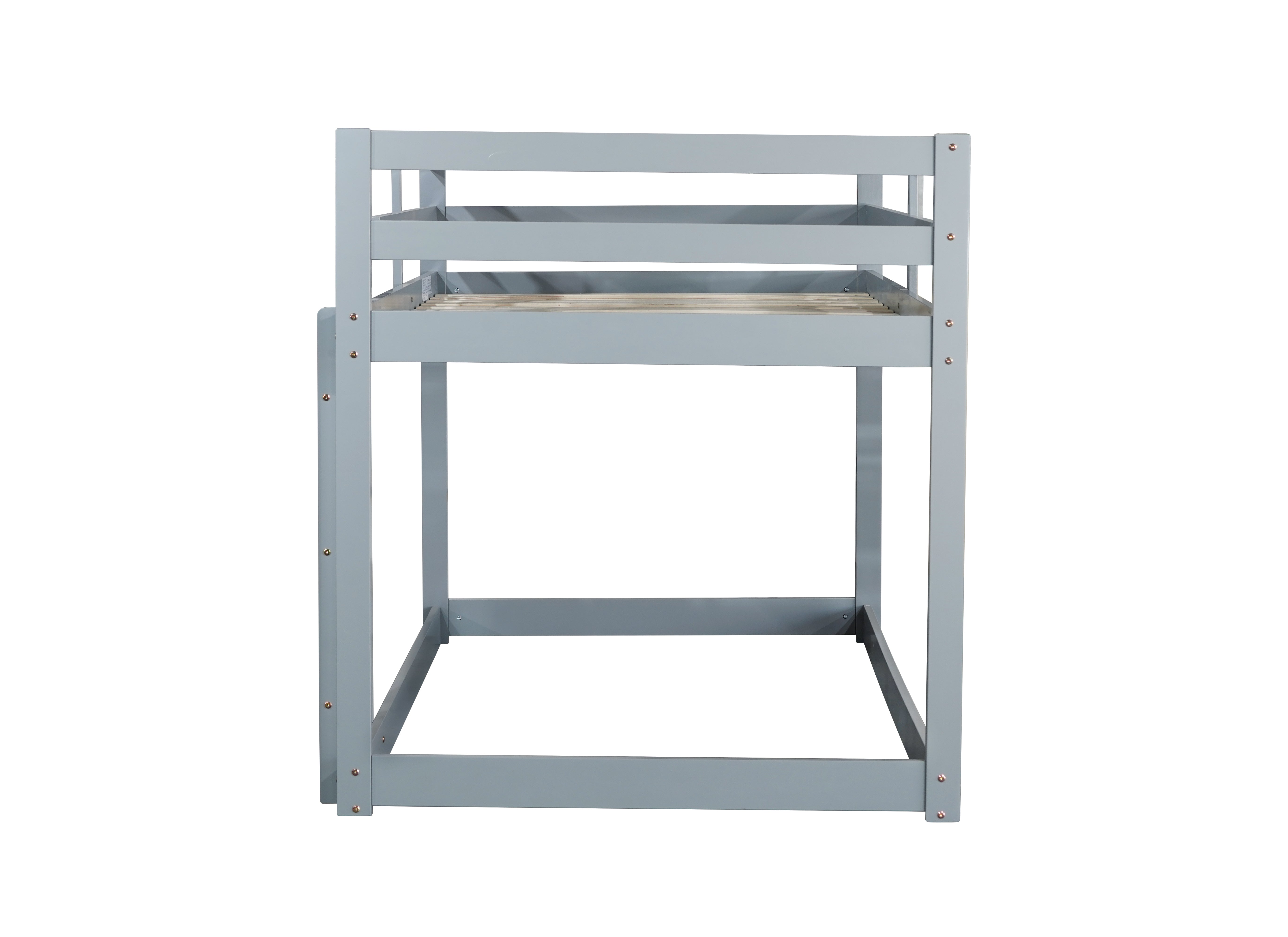 Grey twin over twin bunk bed with ladder, upper bunk view