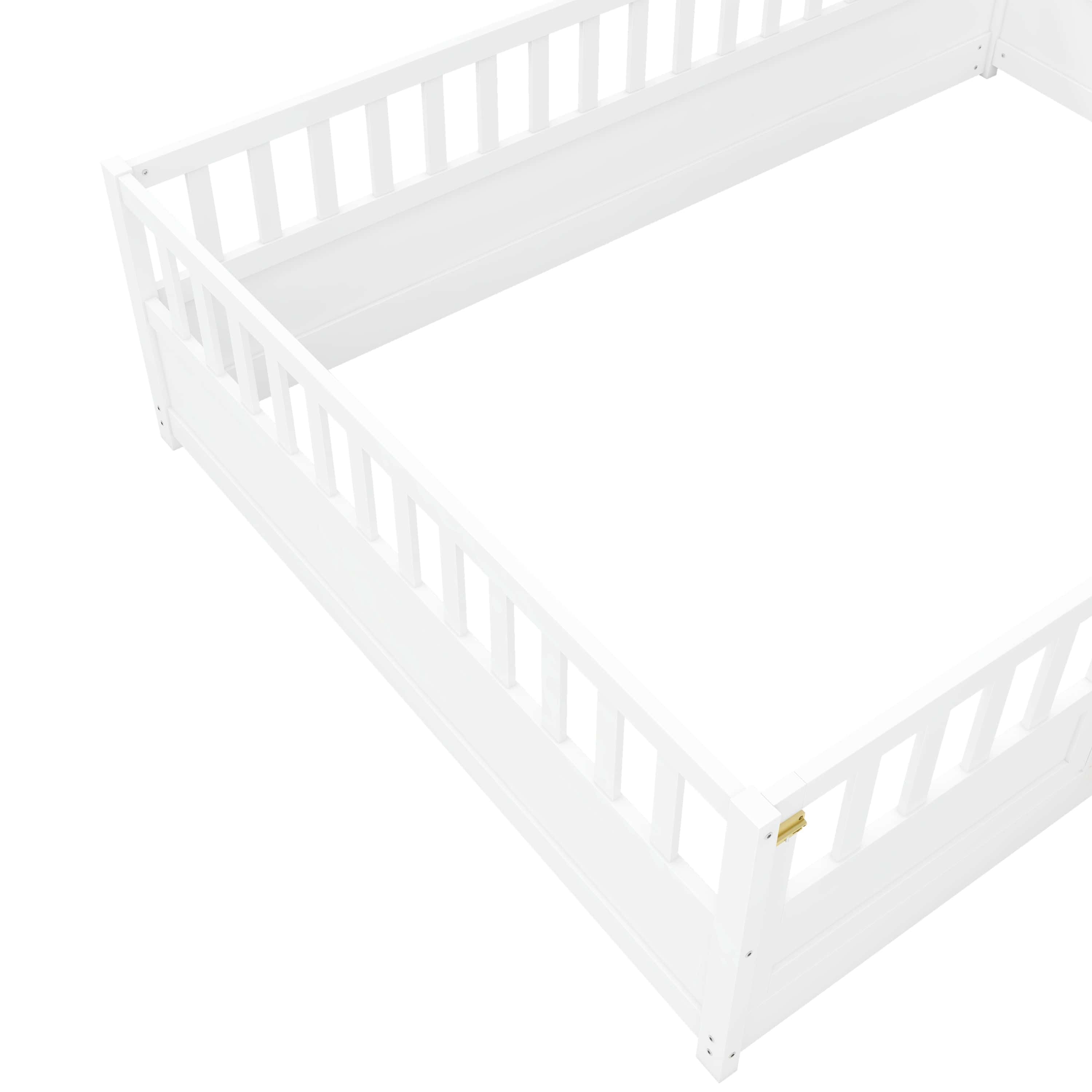 Full size Floor bed, integral construction with super high security barrier, door, children's floor bed frame, Montessori wooden children's floor bed, white