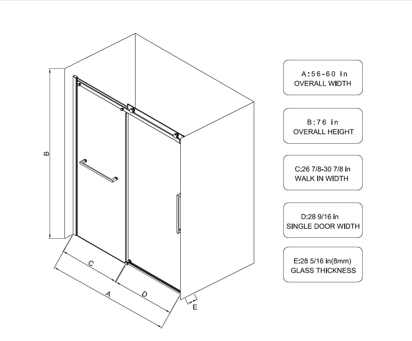 S-RM6076TB 56-60"W x 76"H Sliding Shower Door, Frameless Glass Shower Door with Matte Black Hardware, Towel Bar and Handle