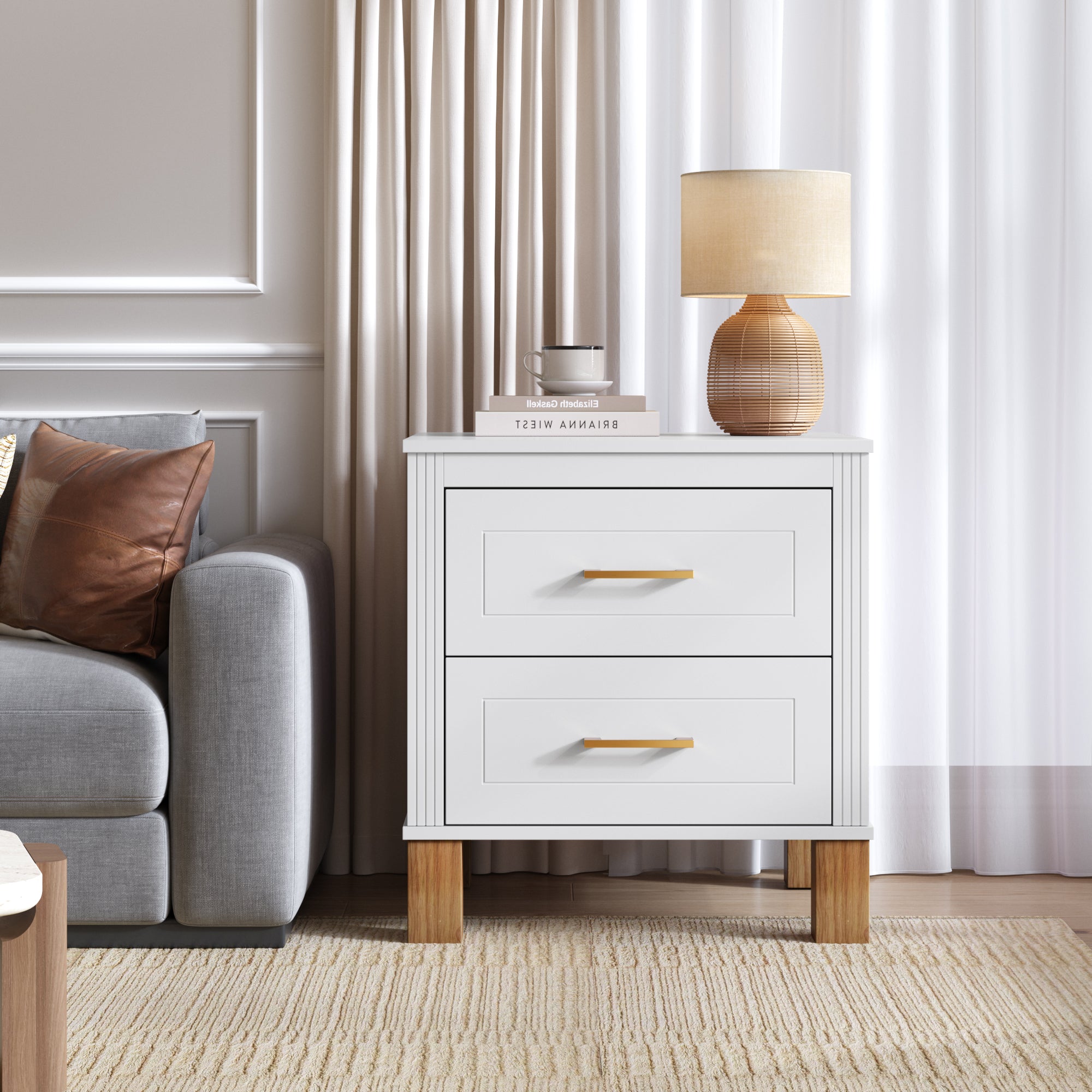 White fluted wood nightstand metal drawer handle close-up
