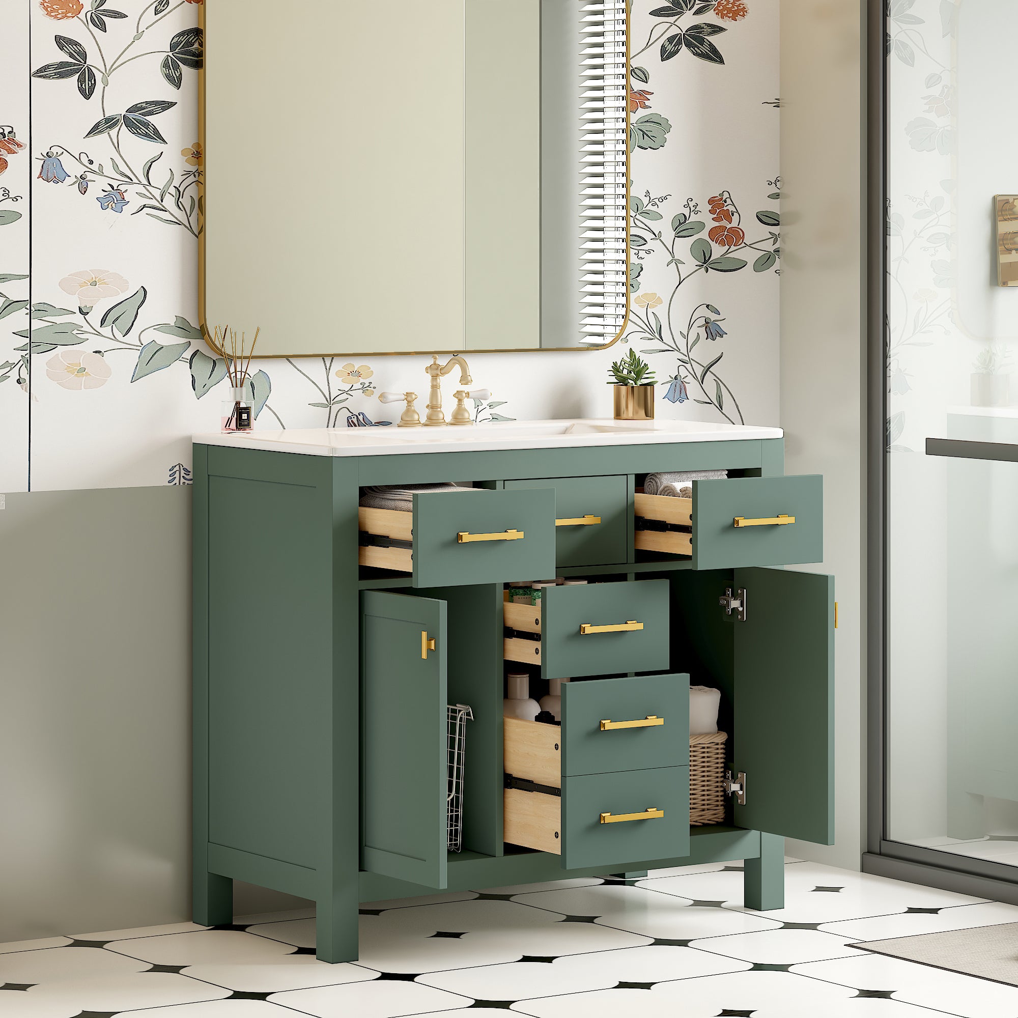 36-inch green modern bathroom vanity with ceramic sink, front view