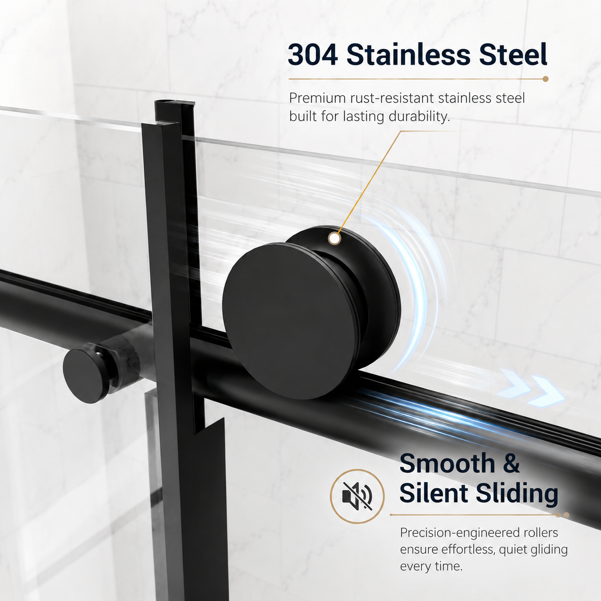Soft-close shower door handle detail
