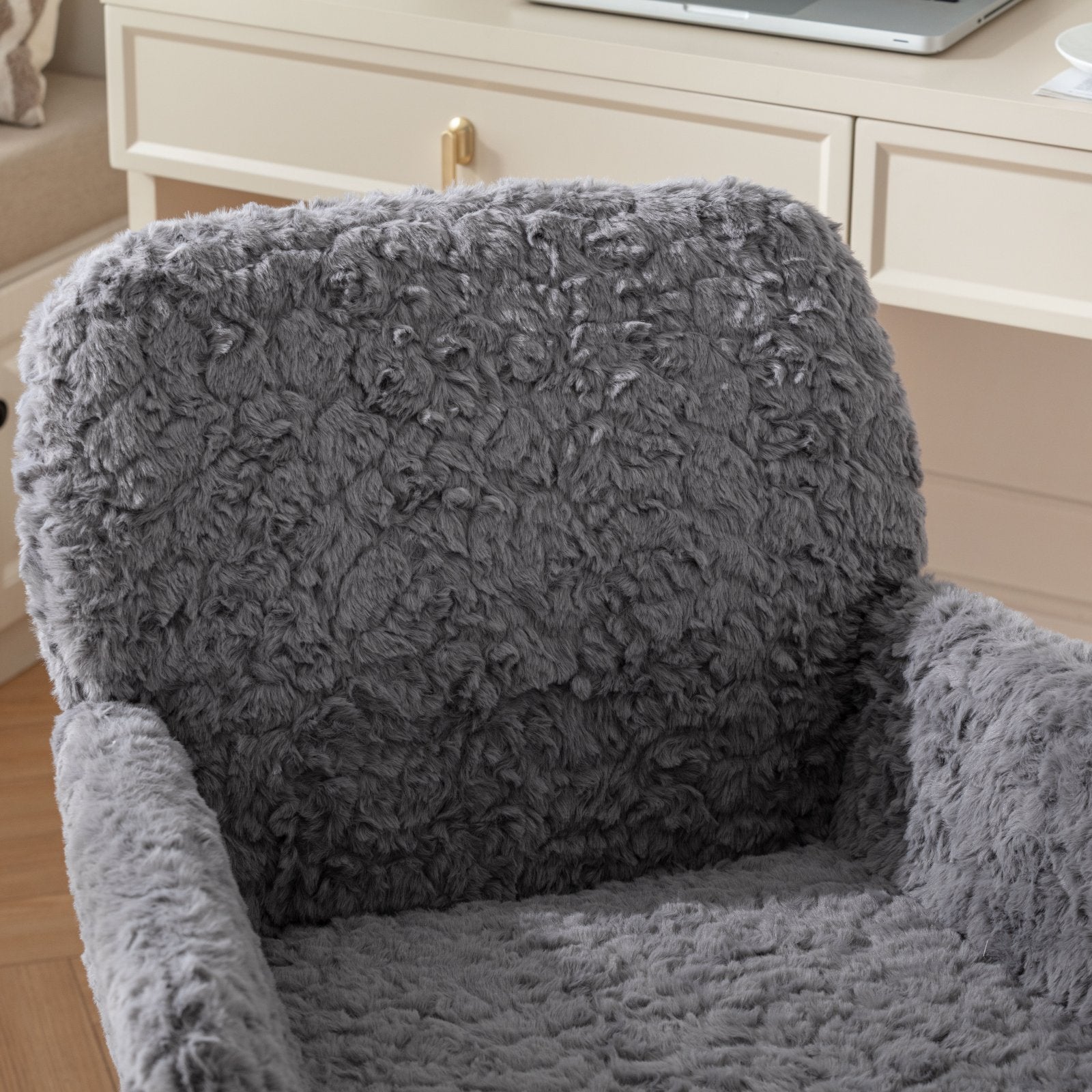 A&A Furniture Office Chair,Artificial rabbit hair Home Office Chair with Golden Metal Base,Adjustable Desk Chair Swivel Office Chair,Vanity Chair(Gray)