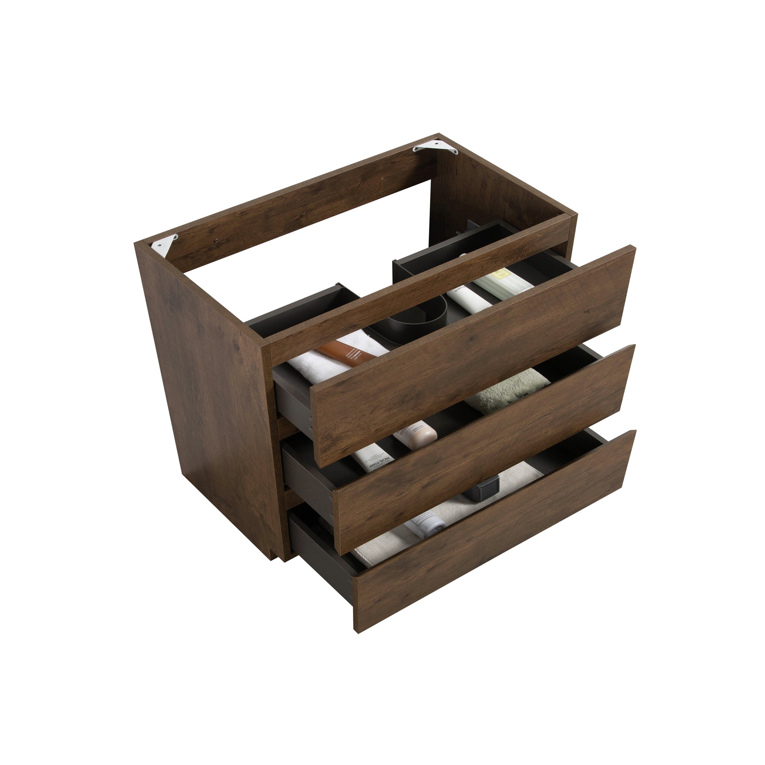 Alice-36F-105,Floor cabinet WITHOUT basin, Walnut color, With three drawers, Pre-assembled