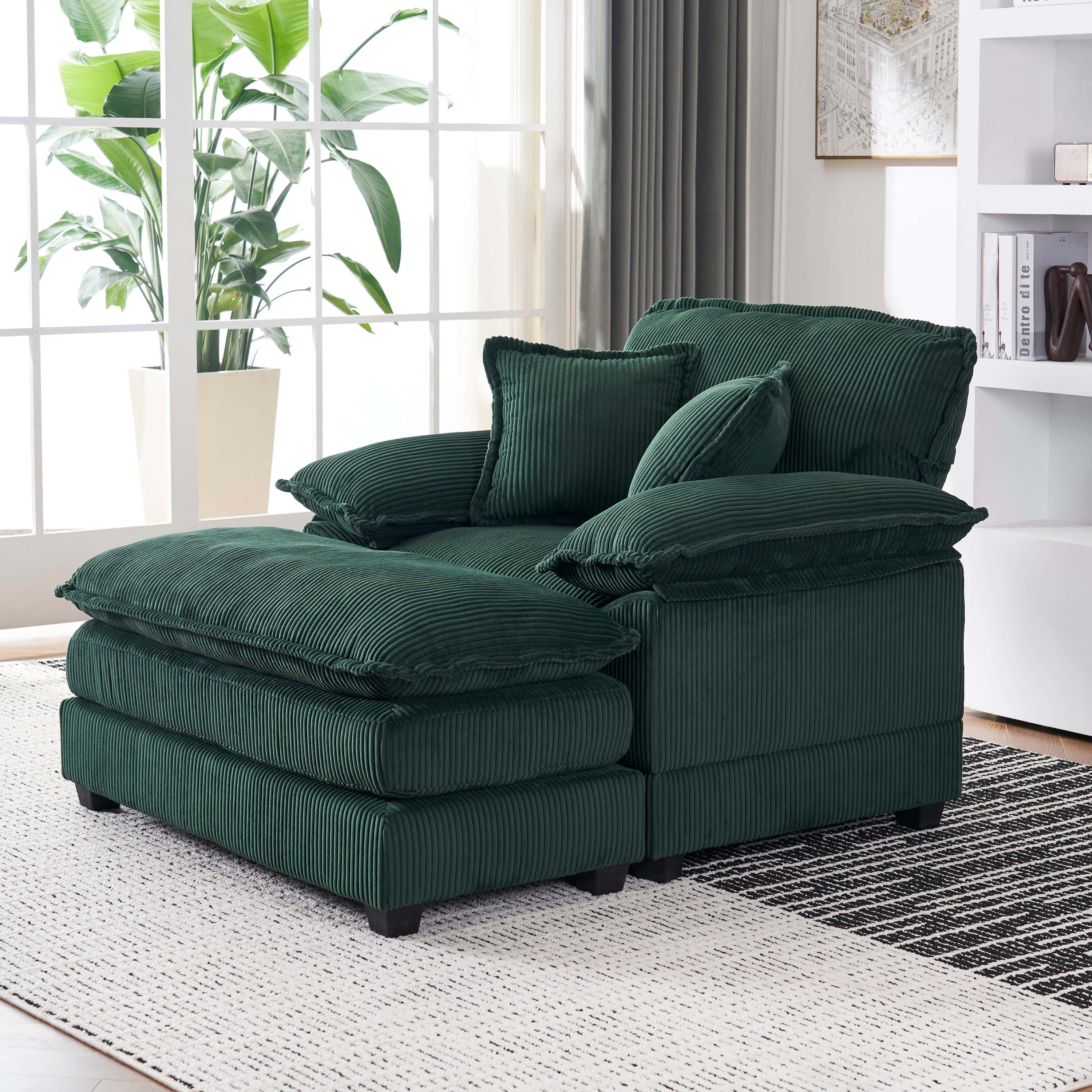 56.3 Inch Corduroy single sofa With  2 toss pillows and a ottoman ,Comfy Sofa- Deep Seat Couch for Living Room